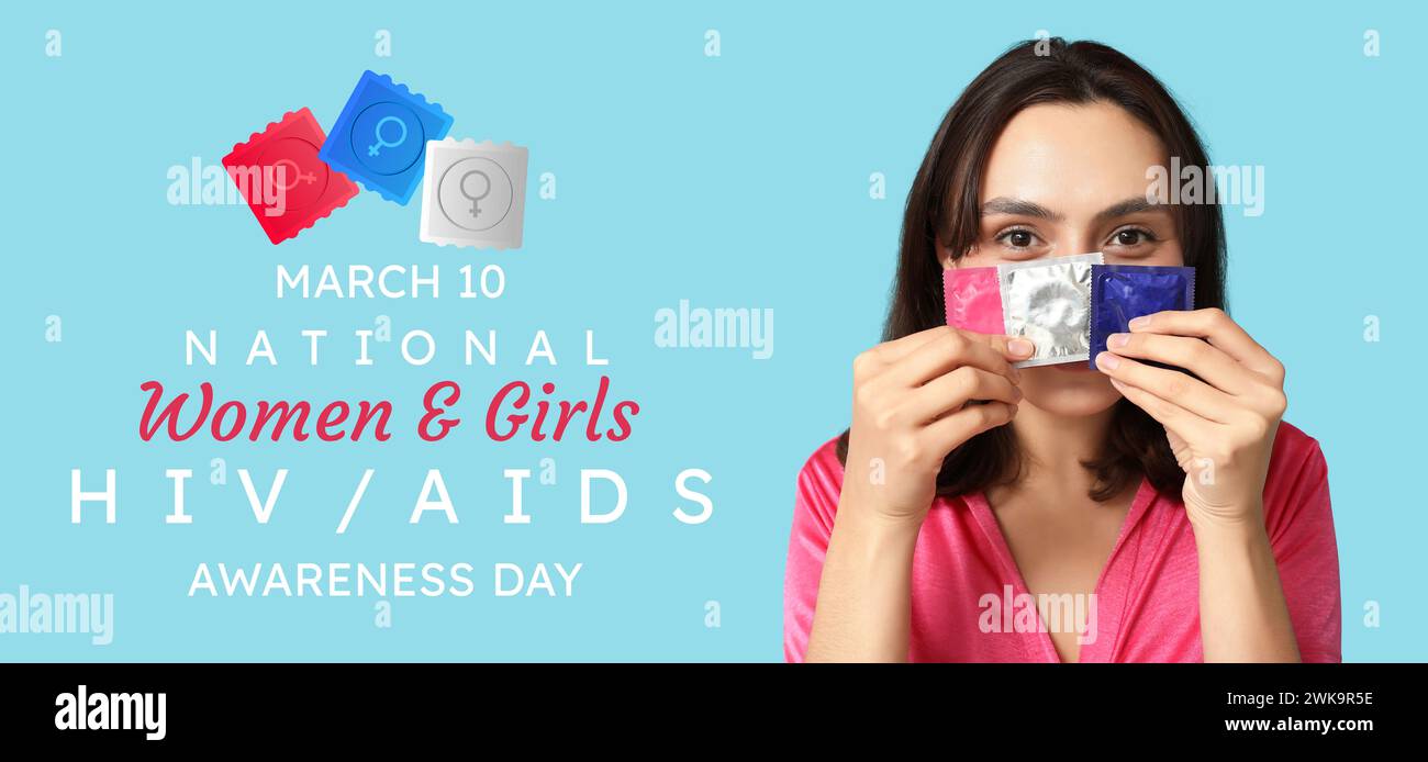Bannière de sensibilisation pour la Journée nationale de sensibilisation des femmes et des filles au VIH/sida avec une femme détenant des préservatifs Banque D'Images
