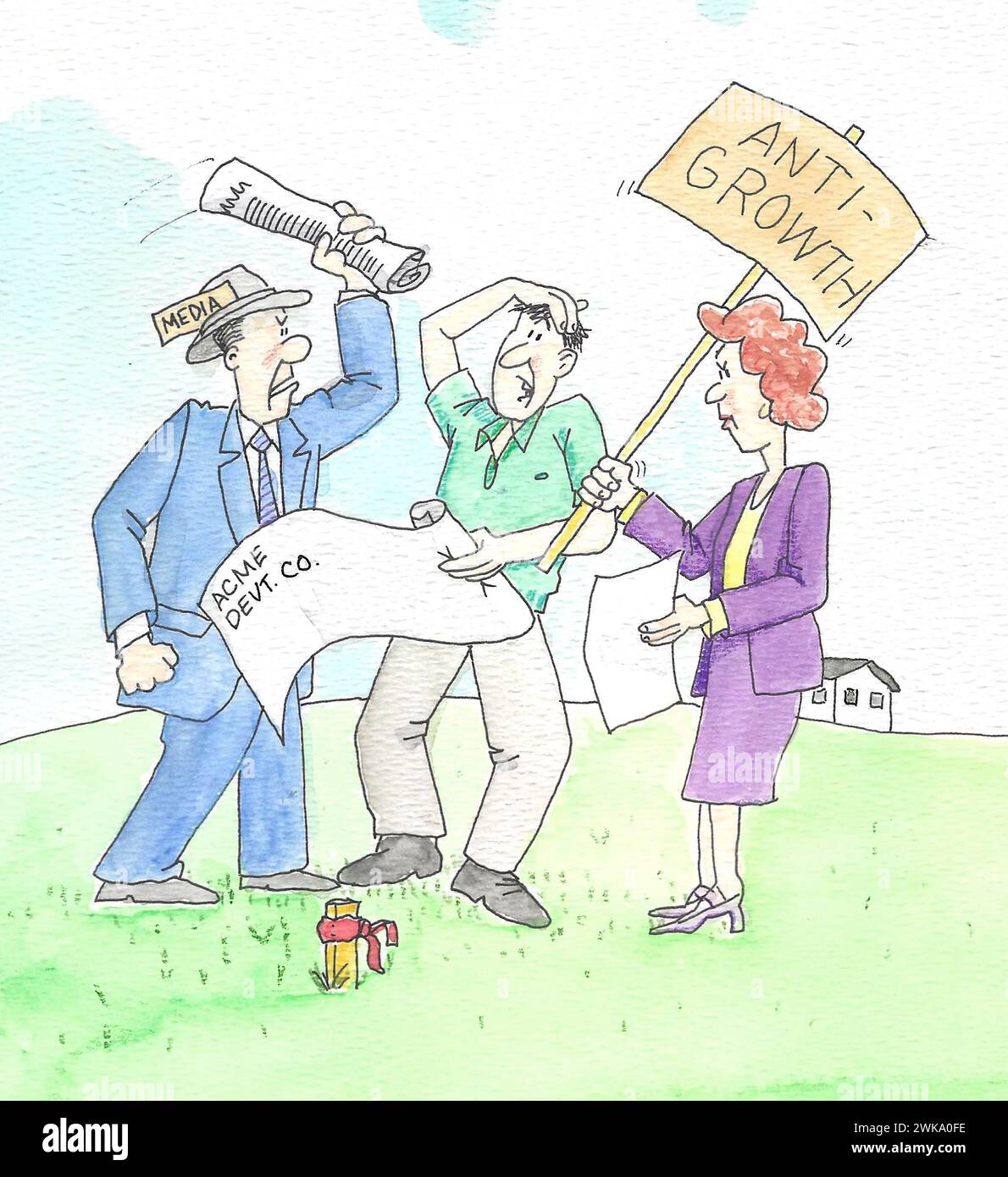 Dessin animé en couleur d'un promoteur immobilier obtenant des commentaires négatifs des médias et d'un manifestant anti-croissance. Banque D'Images