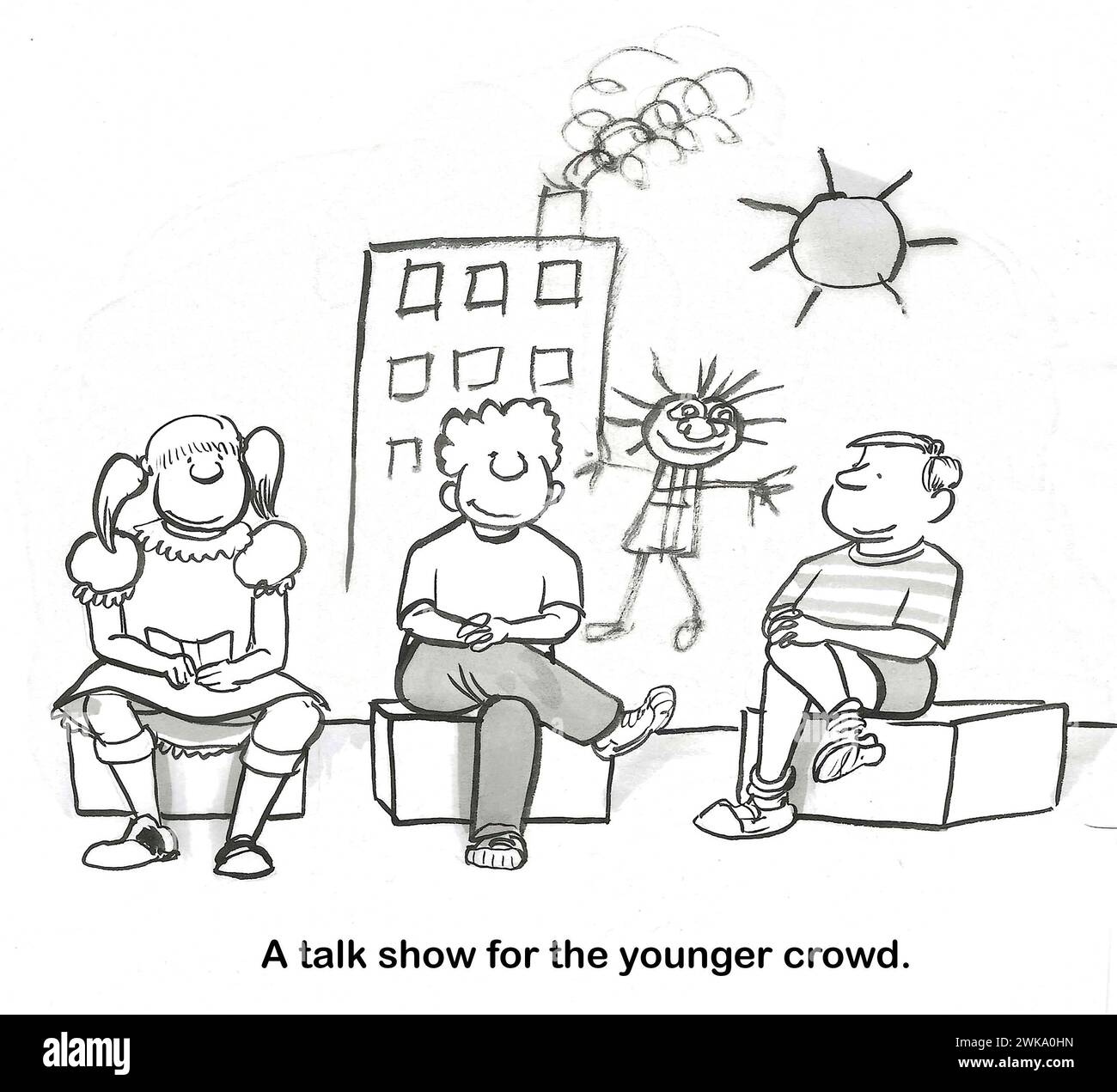 Bande dessinée BW montrant des enfants sur un set de talk-show tv, un talk-show a finalement été développé pour les enfants. Banque D'Images