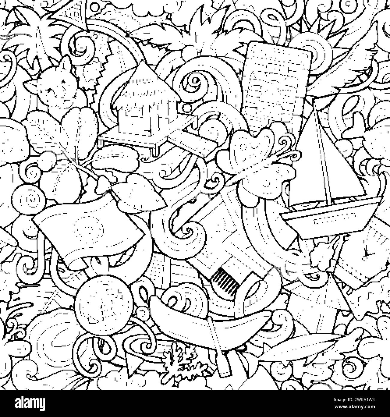 Dessin animé Doodles Belize motif sans couture. Toile de fond avec des symboles et des objets de la culture bélizienne. Fond d'art au trait pour tissu, cartes de voeux, papier peint Illustration de Vecteur