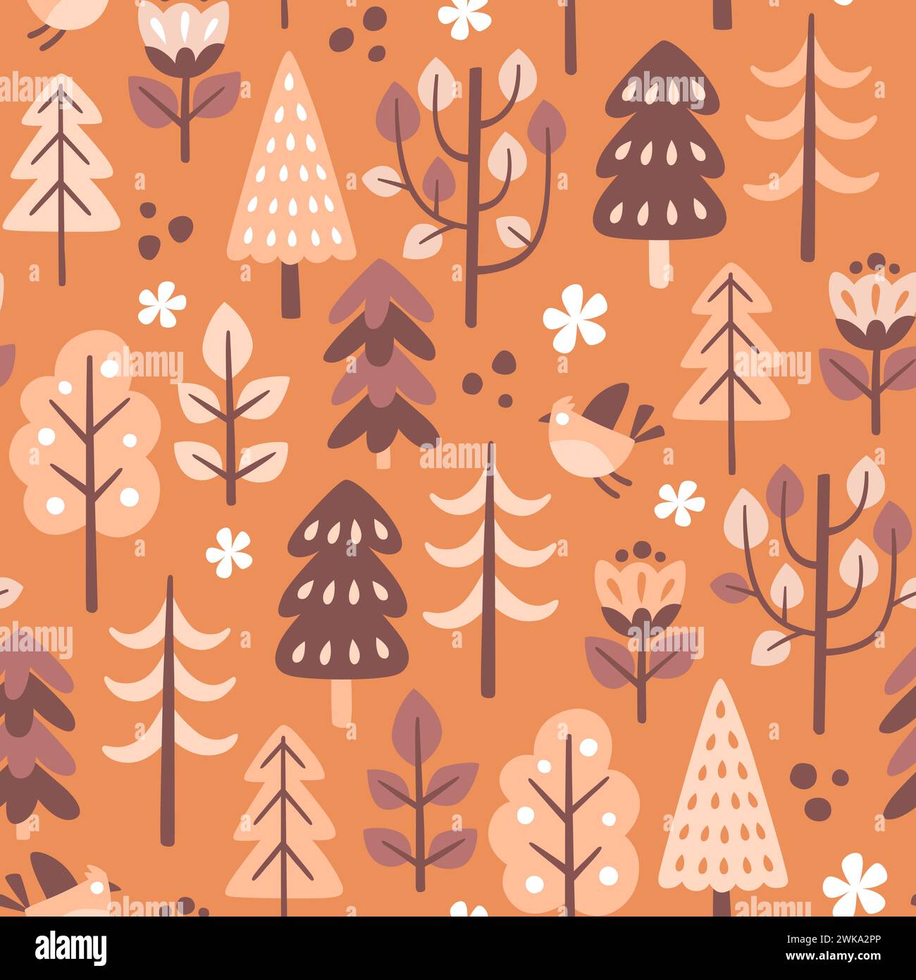Motif forêt dans un style scandinave avec des tons chauds. Fleurs, arbres et oiseaux isolés sur fond brun clair. Motif sans couture. Illustration vectorielle Illustration de Vecteur
