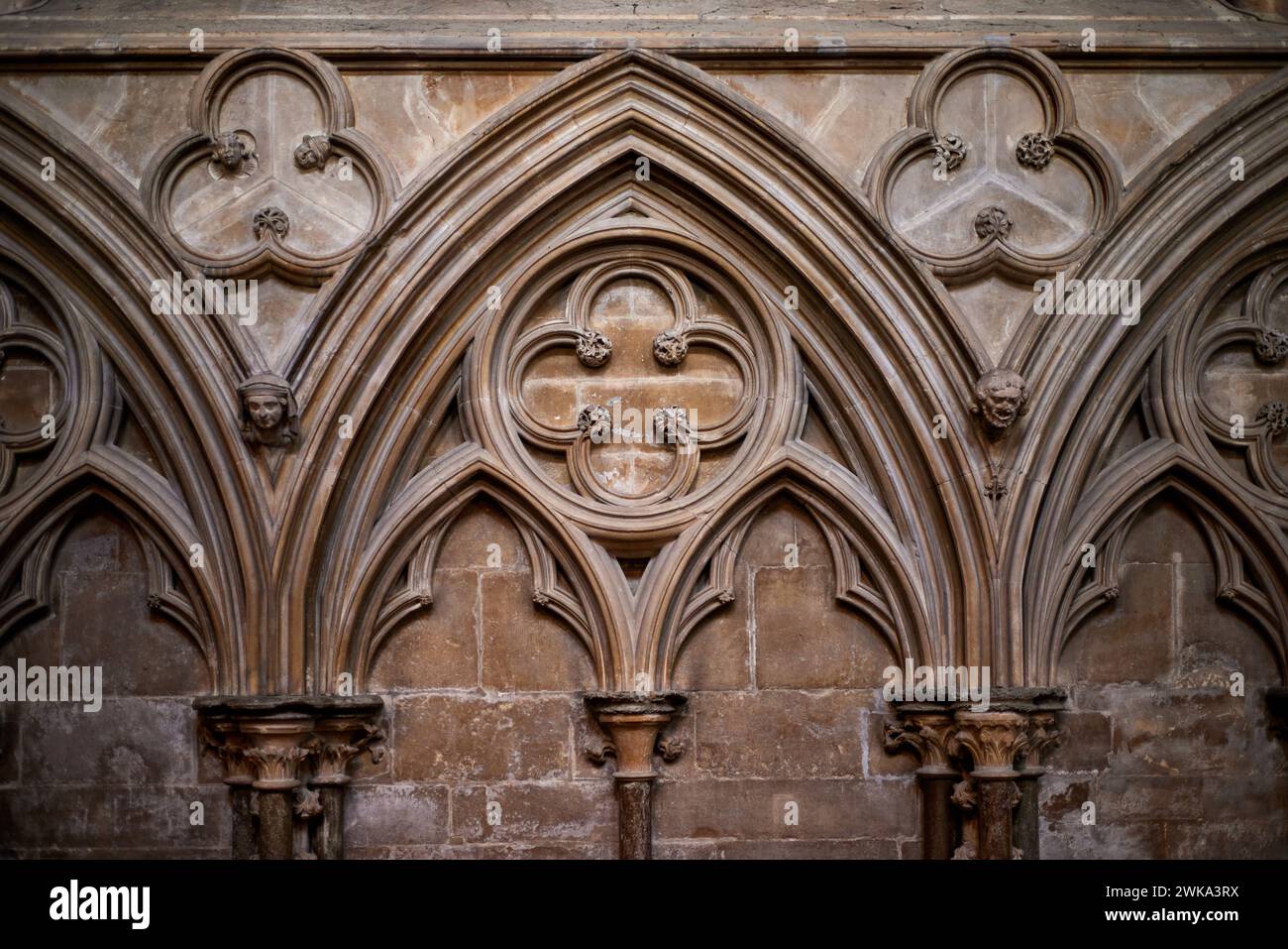 Divers détails arqués à l'intérieur de la cathédrale de Lincoln, Lincoln, Lincolnshire, Angleterre, Royaume-Uni Banque D'Images