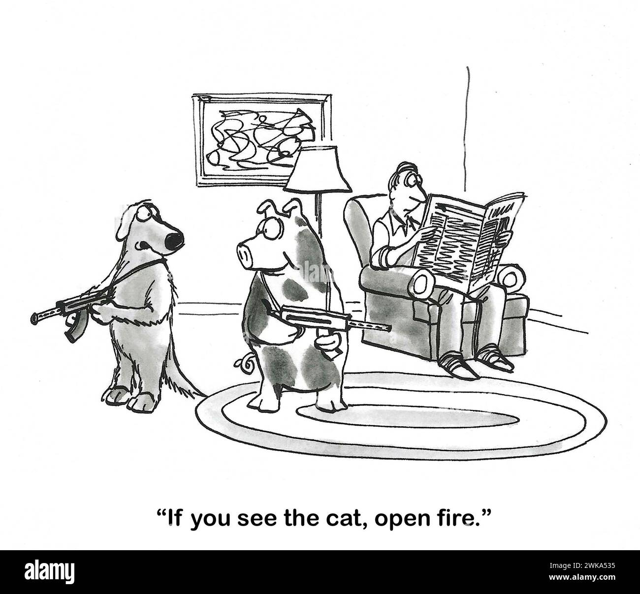 Bande dessinée BW de chien et de cochon, avec des fusils, chasse pour le chat de compagnie dans la maison. Banque D'Images