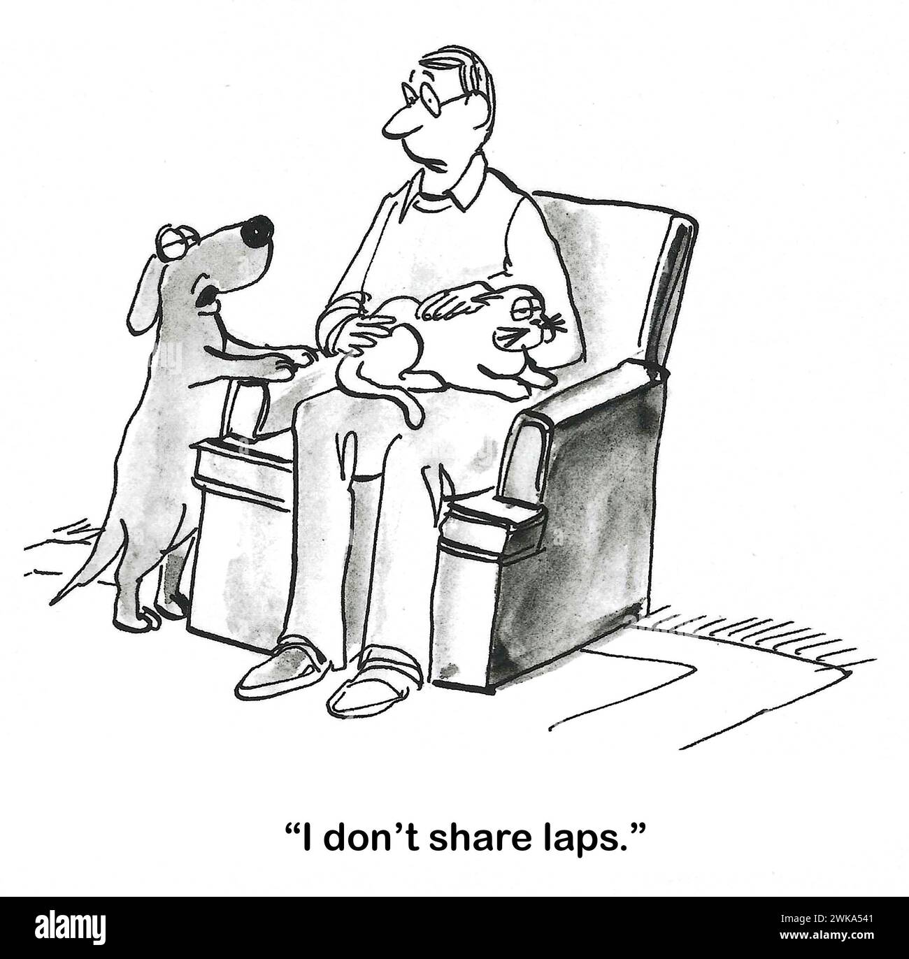 Dessin animé BW d'un chat reposant sur les genoux du propriétaire masculin. Le chien veut, mais il ne « partage pas les tours ». Banque D'Images