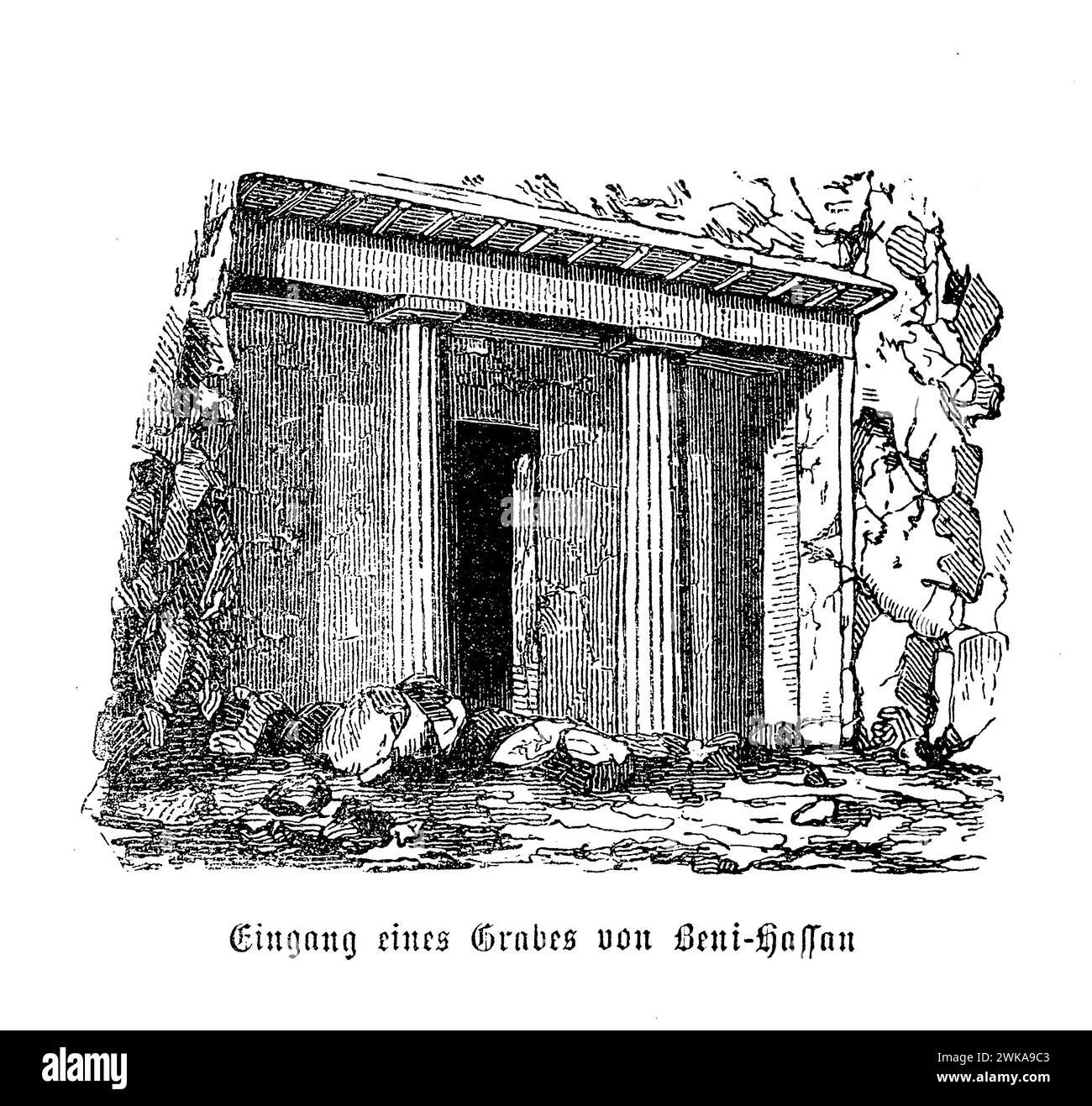 L'entrée d'une tombe à Beni Hassan comporte généralement une entrée sculptée ou découpée menant à une chambre funéraire ou à une série de chambres. Ces tombes sont réputées pour leur art mural, qui comprend des représentations de la vie quotidienne, des événements sportifs, des rituels religieux et des scènes mythologiques, offrant un aperçu inestimable de la société et des pratiques égyptiennes anciennes. Banque D'Images
