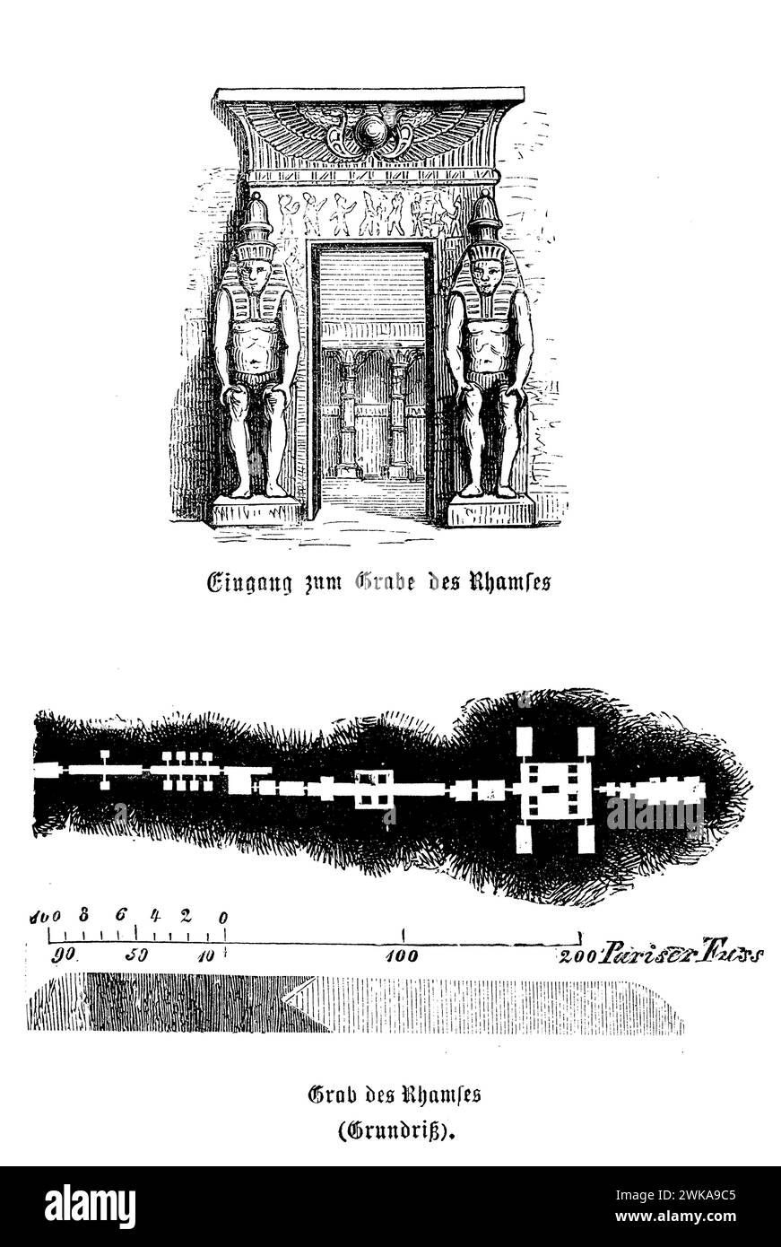 L'entrée de la tombe de Ramsès et son plan d'étage mettraient en valeur les prouesses architecturales et techniques de l'Égypte ancienne. Ces tombes, en particulier celles de la Vallée des Rois, où de nombreux Ramsès sont enterrés, sont des structures élaborées sculptées dans la roche, avec des dispositions complexes comprenant de multiples chambres, couloirs et éléments décoratifs. Banque D'Images