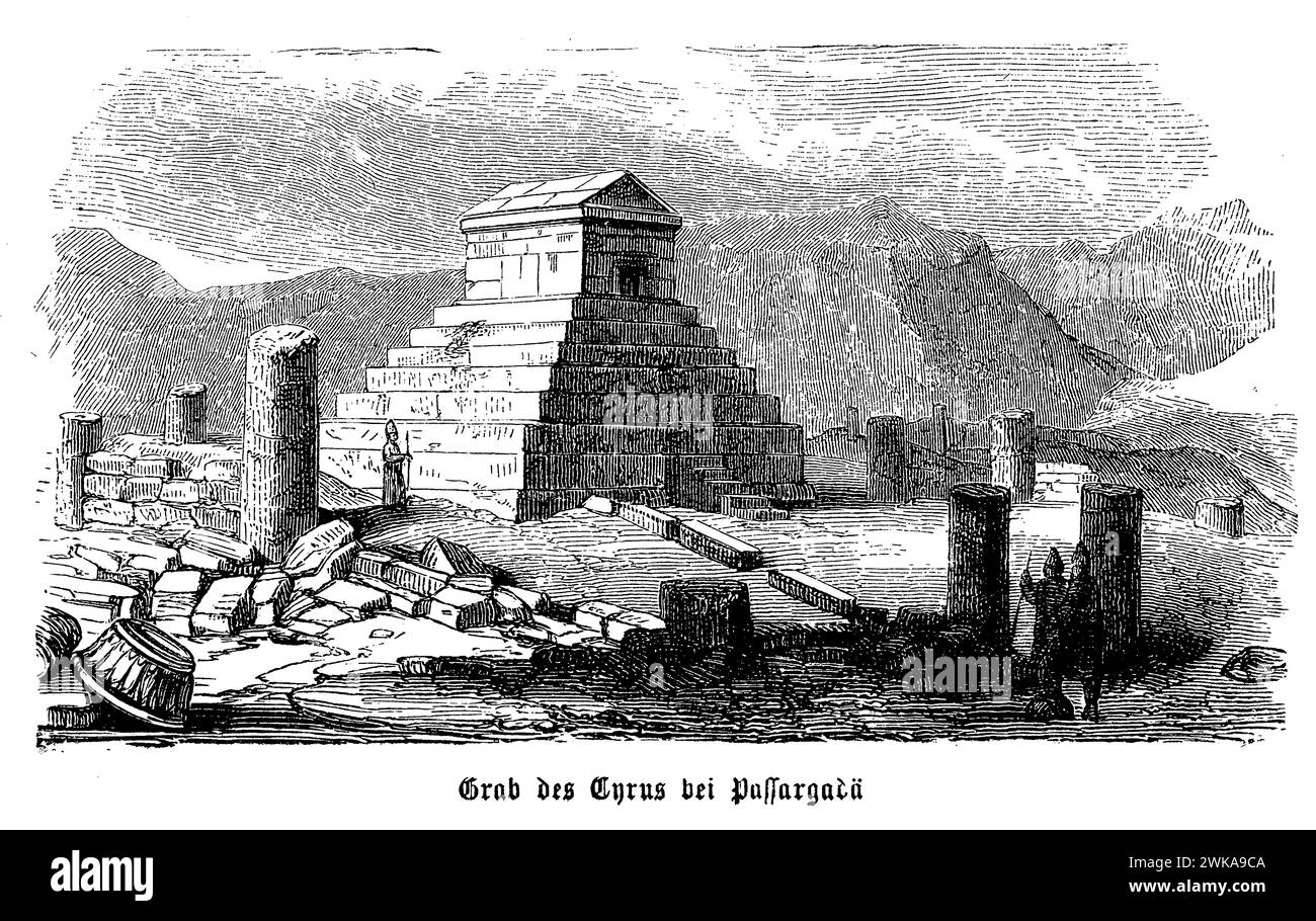 Le tombeau de Cyrus à Pasargadae est un exemple emblématique de l'architecture achéménide, caractérisée par sa structure simple mais monumentale. Construit autour du vie siècle av. J.-C., ce tombeau dispose d'un toit à pignon et est monté sur une plate-forme rectangulaire, étagée. Le design reflète un mélange de traditions mésopotamiennes et locales, symbolisant l'unité et la diversité de l'empire de Cyrus. Banque D'Images