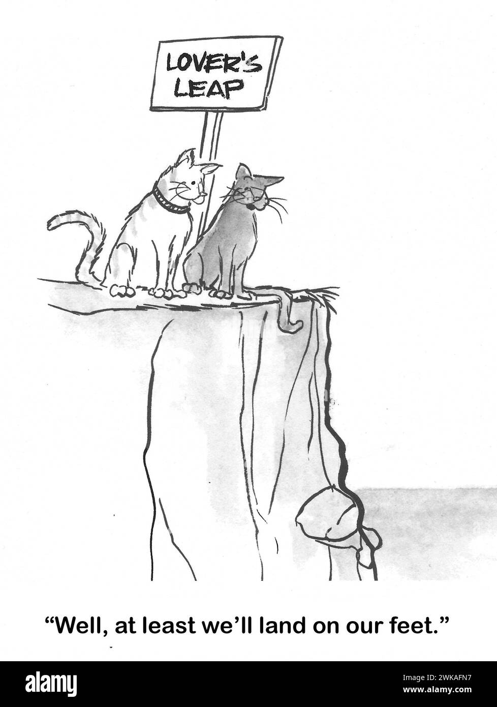 Bande dessinée BW de deux chats sur le point de sauter hors du saut de Lover - au moins ils vont atterrir sur leurs pieds. Banque D'Images