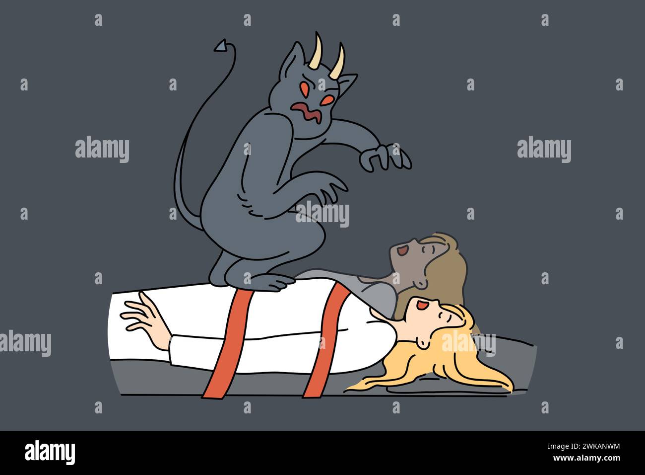 Monstre maléfique vole l'âme de la femme endormie, liée qui a besoin de protection contre le diable de conte de fées. Cauchemar de fille voyant l'attaque par le diable corné essayant de prendre possession de l'âme de sa propre victime Illustration de Vecteur