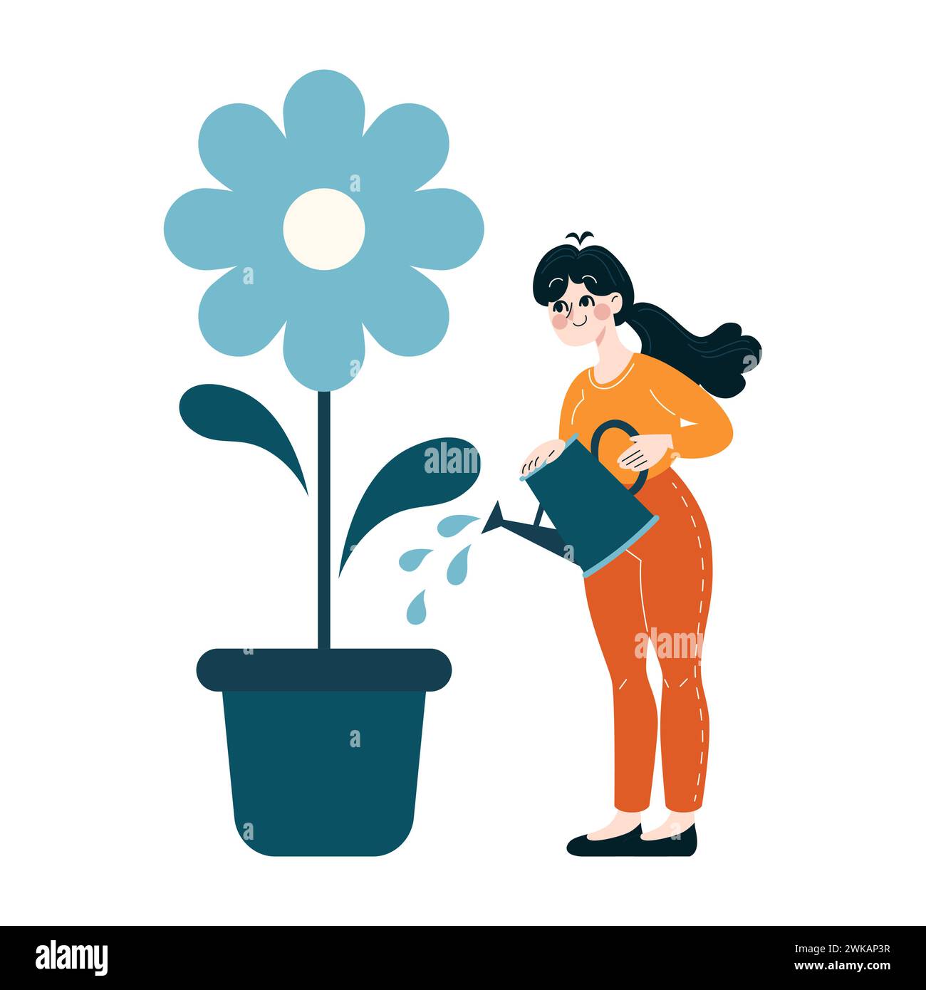 Concept favorisant la croissance. Femme joyeuse arrosant une grande fleur en fleurs dans un pot. Développement personnel, thème des soins. Illustration vectorielle plate Illustration de Vecteur