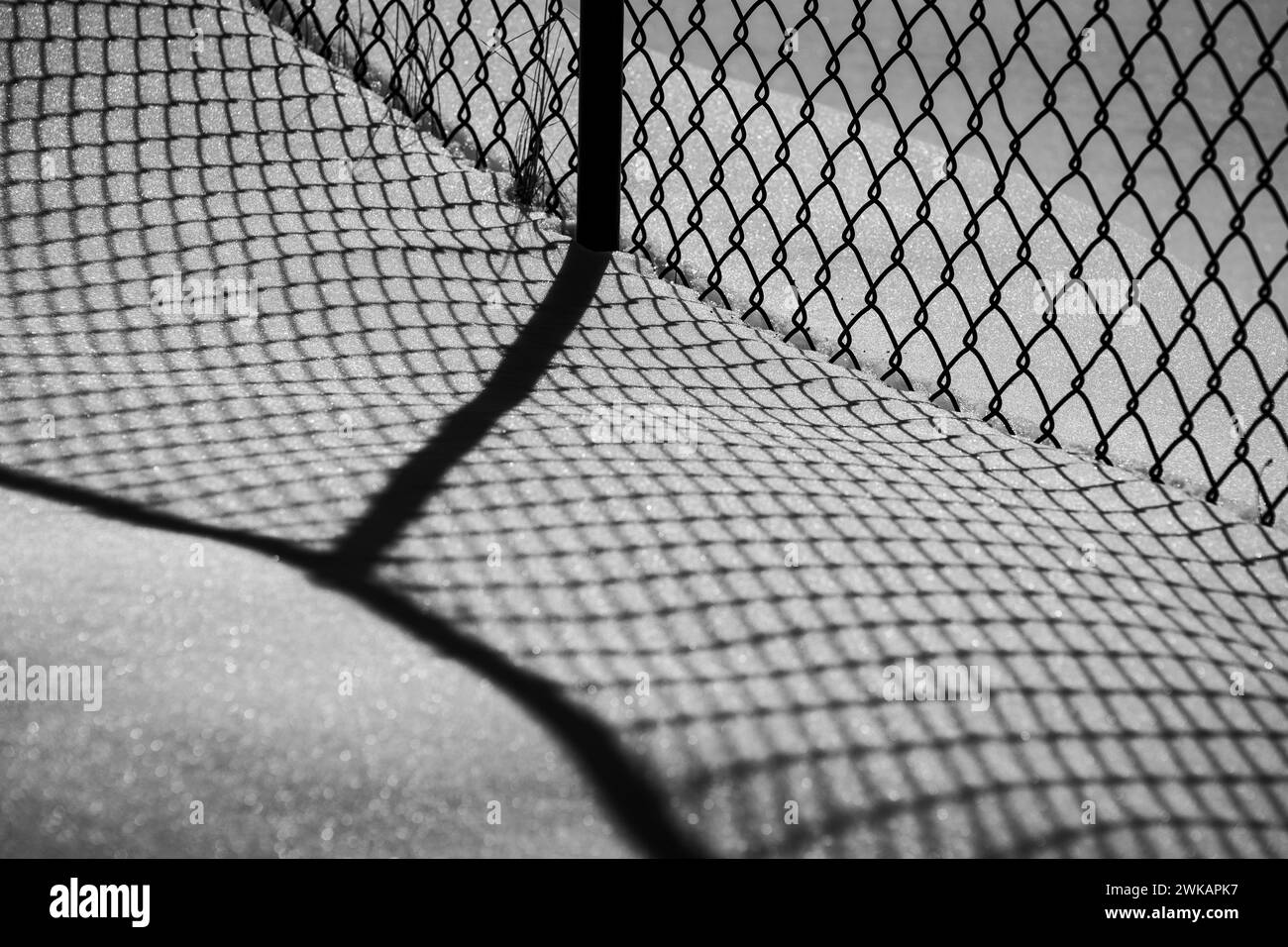 Ombres d'une clôture de maillon de chaîne sur la neige en hiver. Banque D'Images