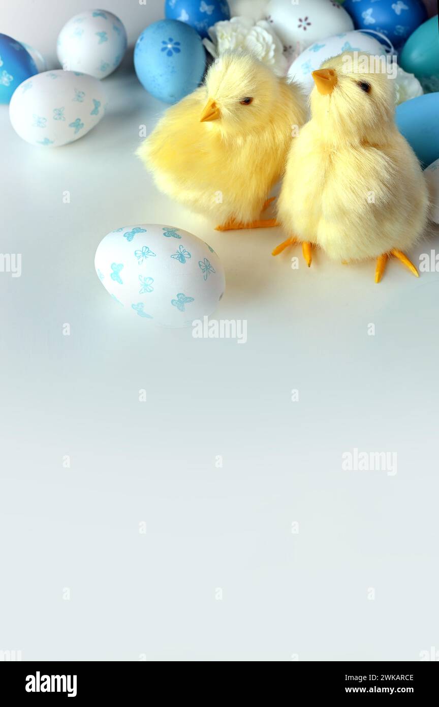 Colore les œufs et les poussins jaunes sur un fond bleu. Une carte de Pâques avec une copie de l'endroit pour le texte. Concept de vacances. Banque D'Images