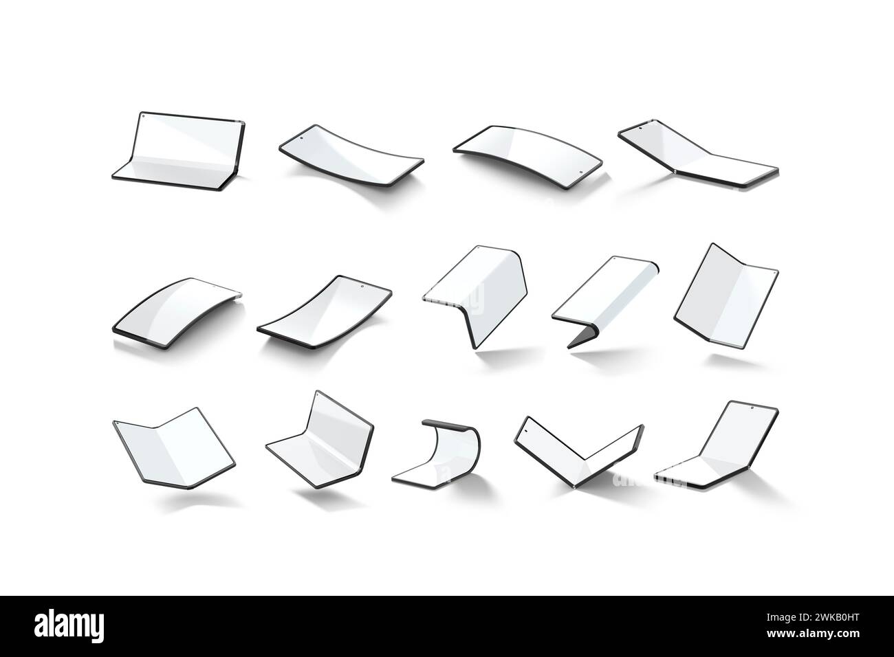 Maquette blanche blanche d'affichage de téléphone à clapet flexible, différentes vues, rendu 3D. Livre multi-écran vide ou maquette de smartphone à clapet, isolé. CLE Banque D'Images