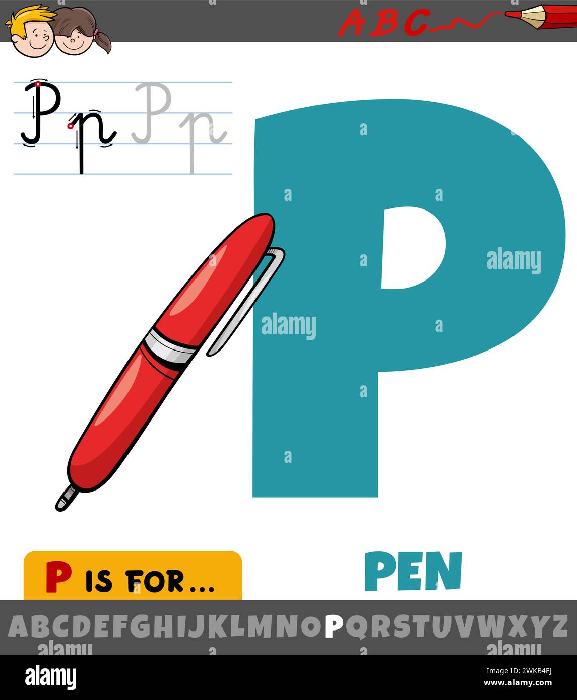 Illustration de dessin animé éducatif de la lettre P de l'alphabet avec objet stylo Illustration de Vecteur