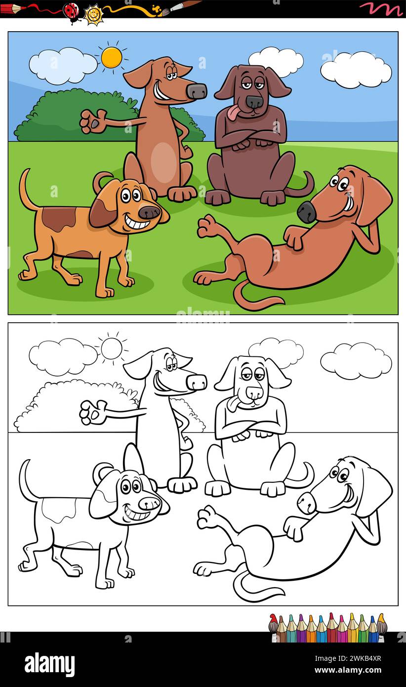 Illustrations de dessins animés de chiens drôles ou chiots personnages de groupe de coloriage Illustration de Vecteur