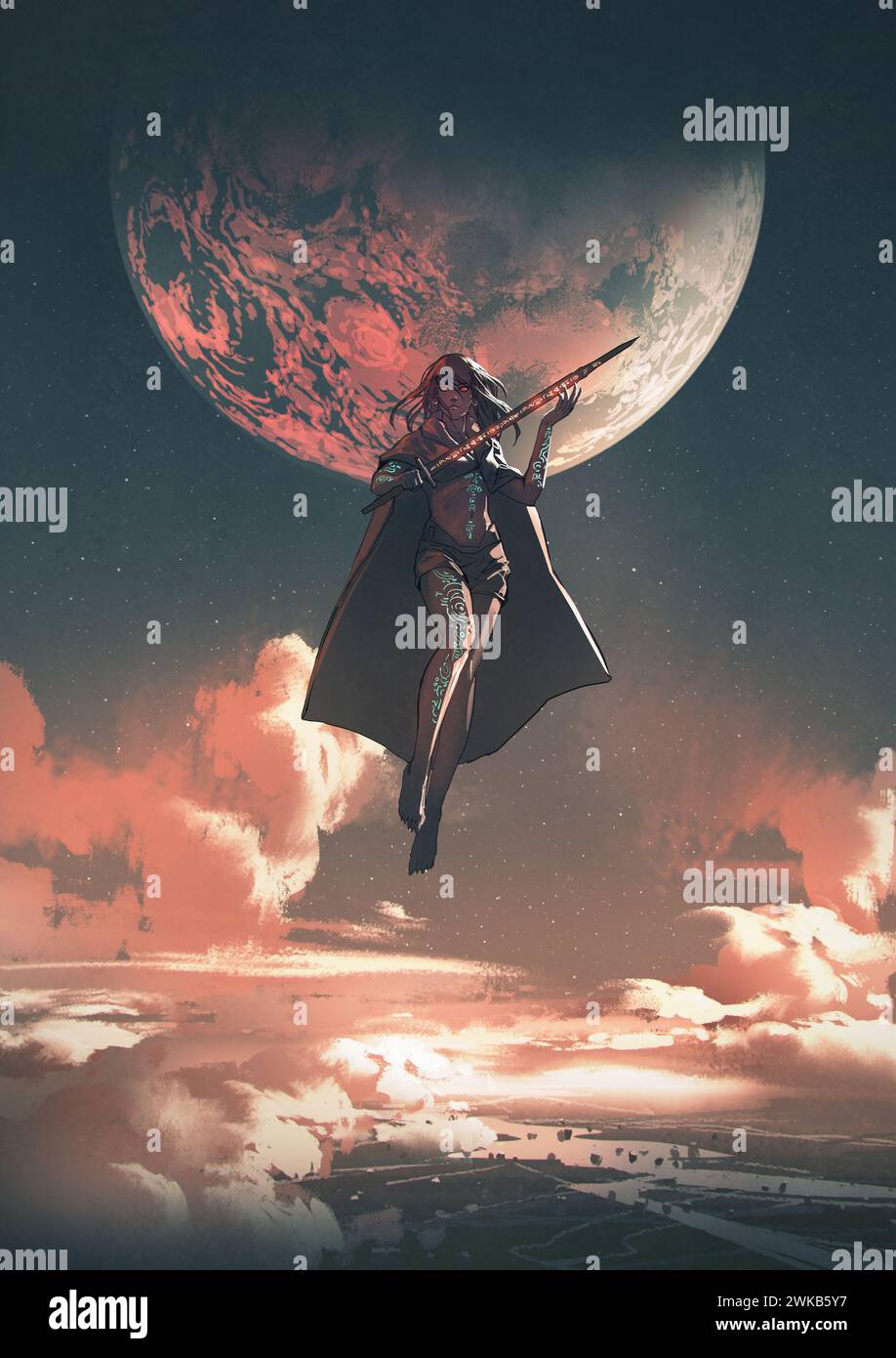 super-héros féminin tenant une épée magique flotte dans le ciel, style d'art numérique, peinture d'illustration Banque D'Images