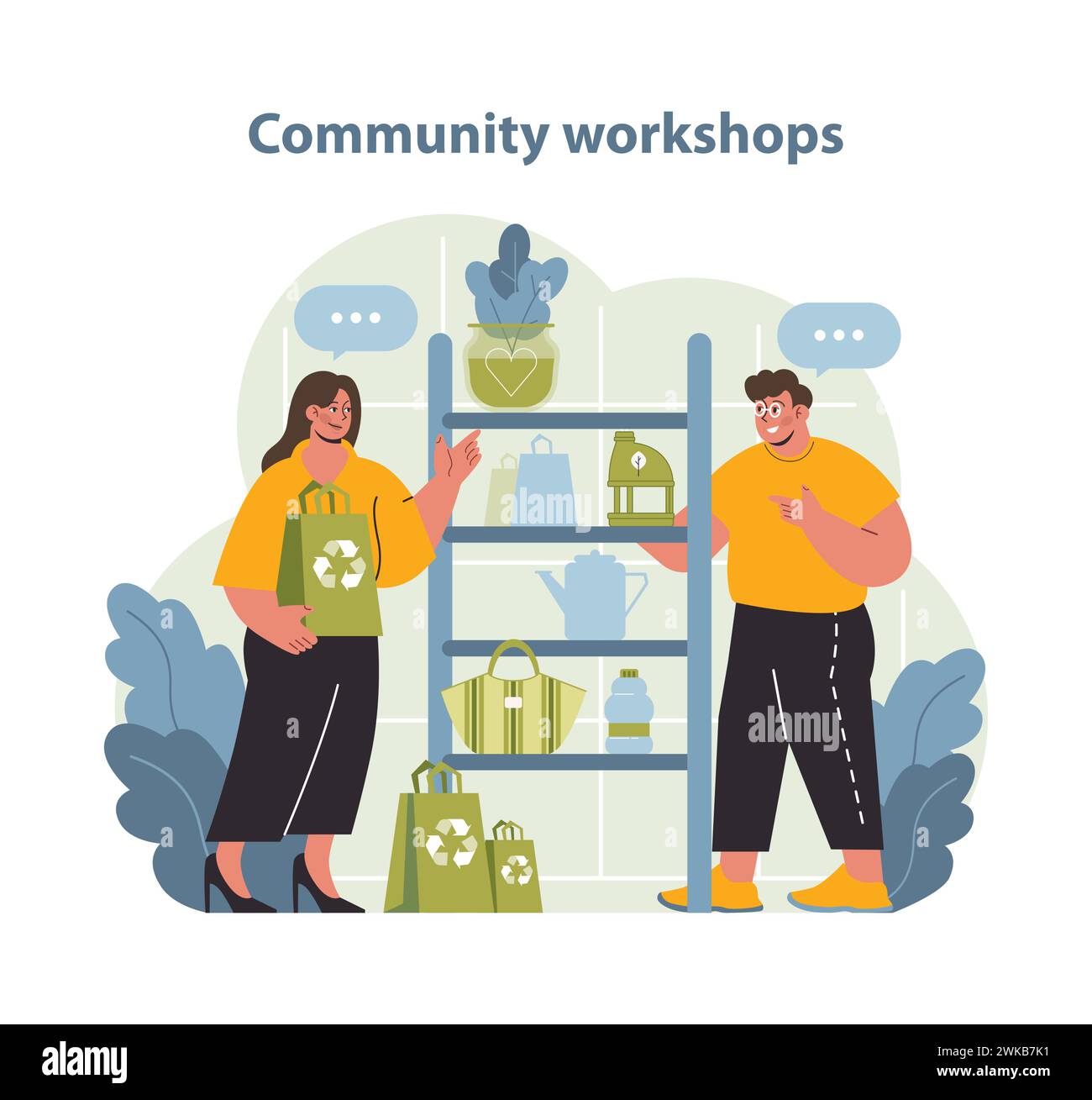 Ateliers communautaires illustration vectorielle. Les individus enthousiastes partagent et apprennent sur l’upcycling, favorisant un sentiment de communauté autour des pratiques durables. Illustration de Vecteur