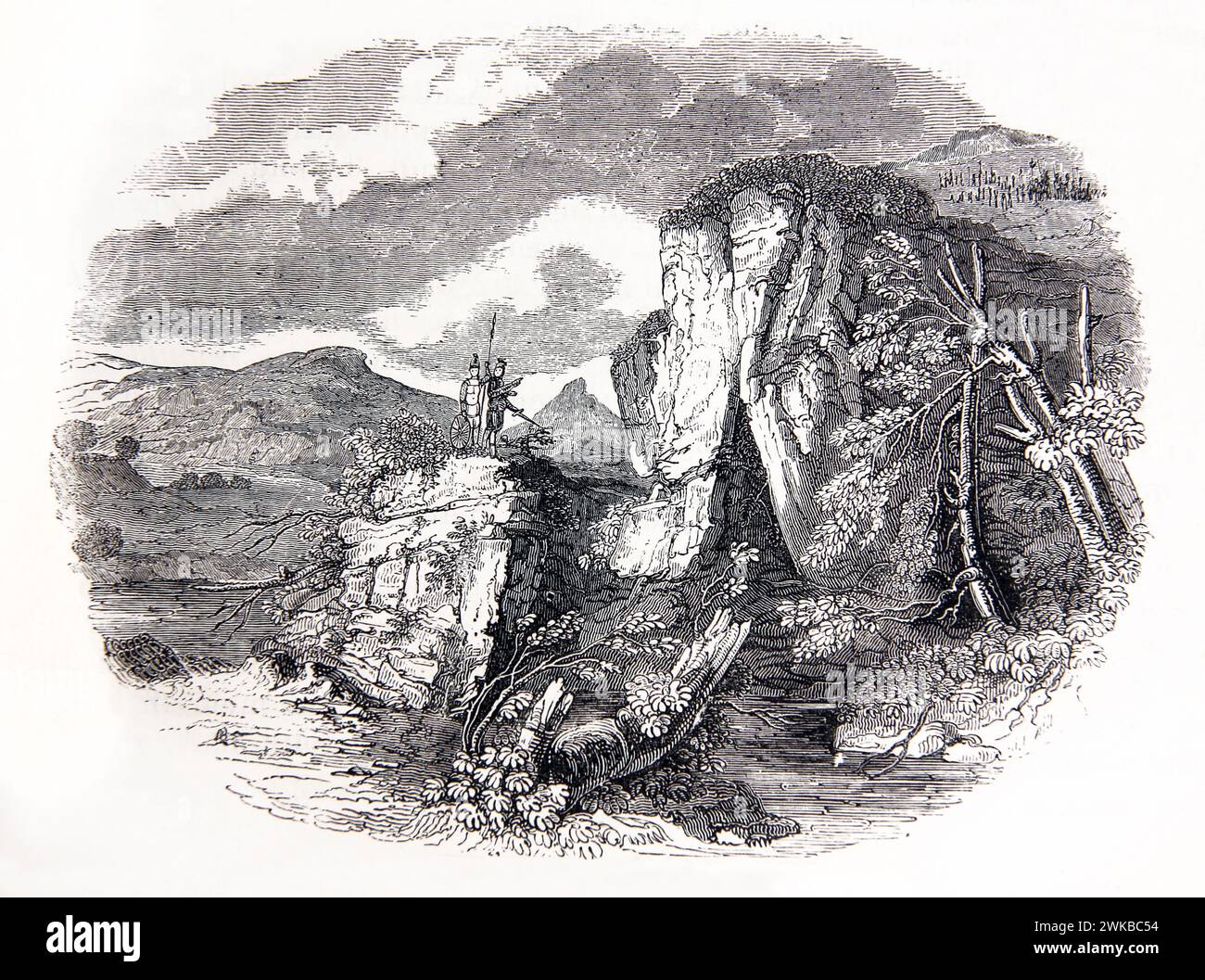 Illustration de Jonathan et son porteur d'armure grimpèrent sur la falaise et tuèrent les Philistins dans une attaque secrète d'Antique Illustrated Family Bibl Banque D'Images