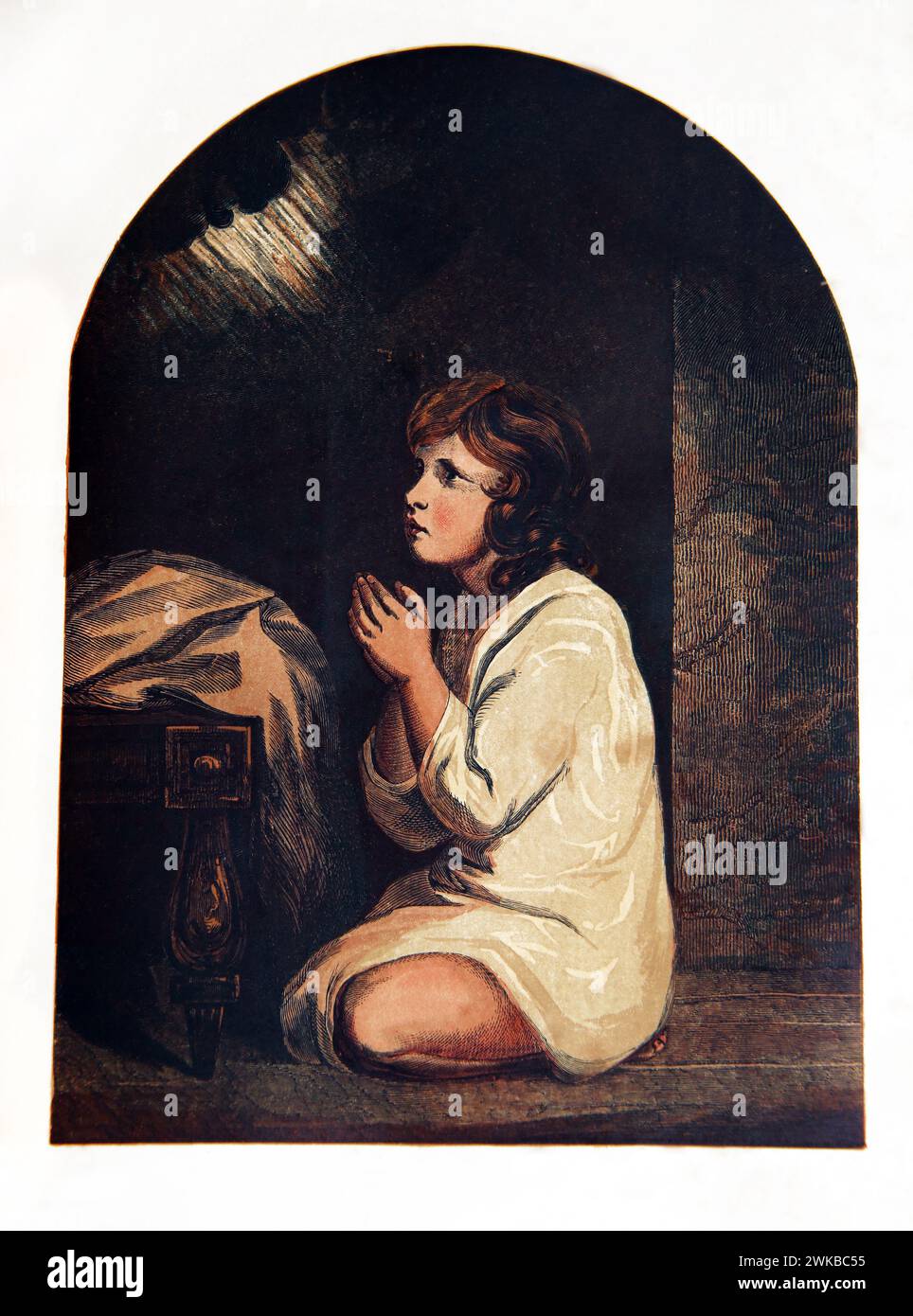 Illustration du jeune Samuel priant et Dieu lui parle (Livre de Samuel) ancien Testament tiré de la Bible de famille illustrée antique Banque D'Images