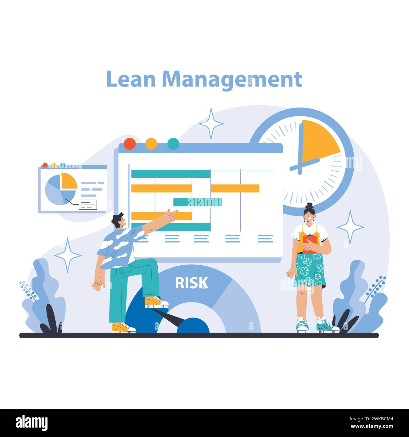 Concept de Lean Management. Visualise l'amélioration continue et la minimisation des déchets dans la gestion des processus. Représente l'efficacité du flux de travail opérationnel et de la gestion des risques. Illustration vectorielle plate. Illustration de Vecteur
