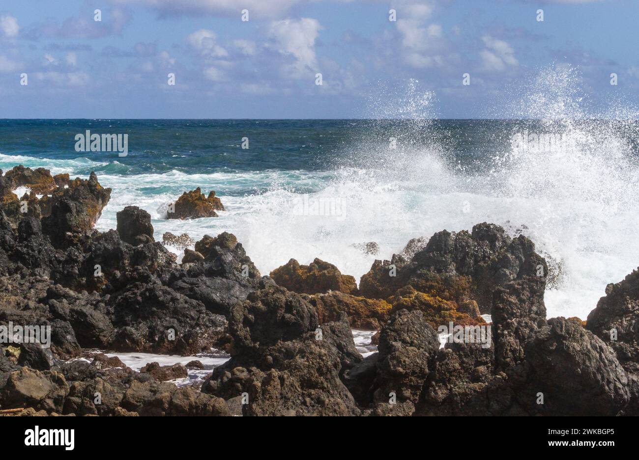 Plage et l'océan vagues à Keanae Peninsula, le long de la route de Hana sur l'île de Maui à Hawaii. Banque D'Images