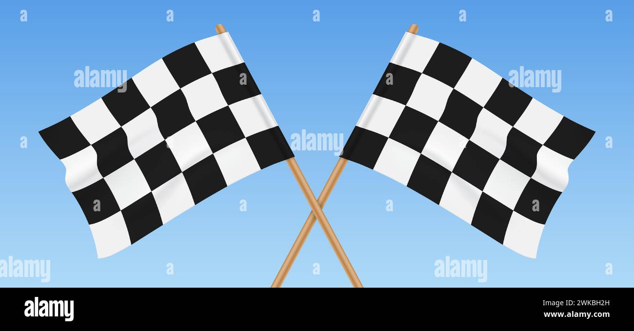 Deux drapeaux de course à damiers croisés sur un fond bleu, symbolisant le début ou la fin d'une course automobile, illustration vectorielle. Illustration de Vecteur