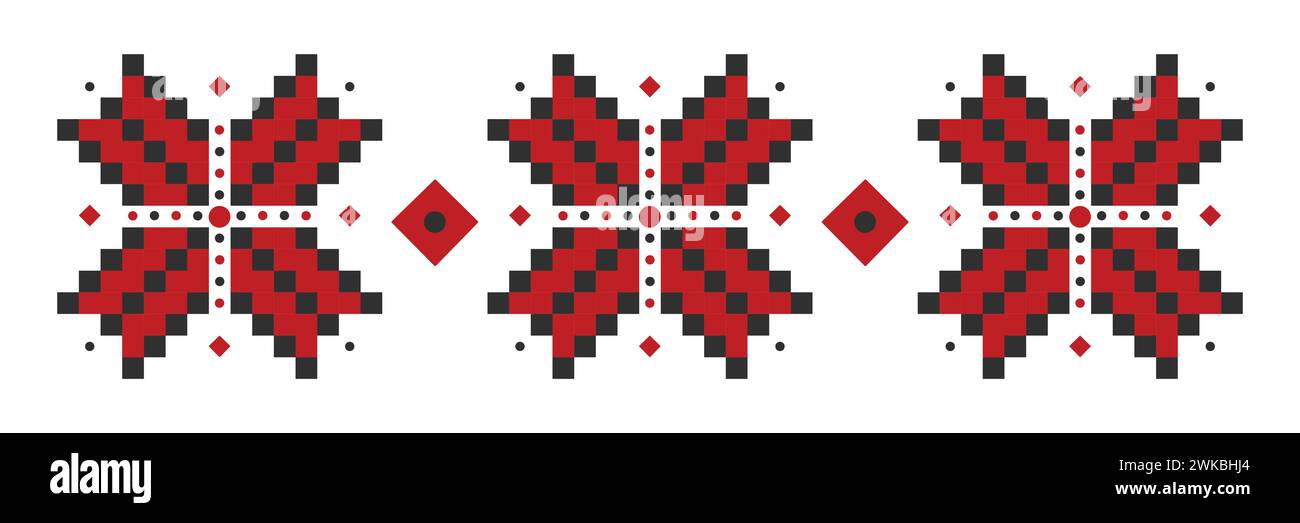 Broderie traditionnelle ukrainienne 'vyshyvanka' dans les couleurs noir et rouge, ornement folklorique, trois fleurs et croix. Cela symbolise l'amour pour les terres indigènes Illustration de Vecteur