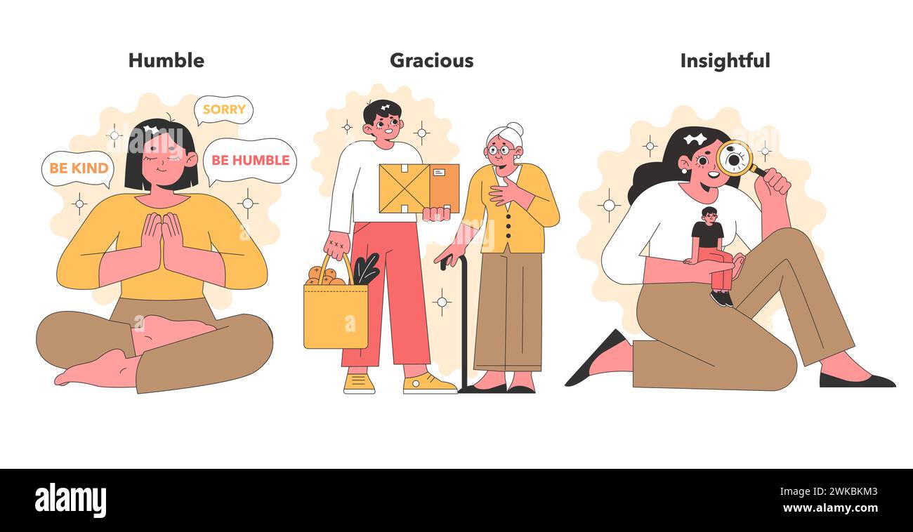 Des illustrations vectorielles chaleureuses représentant l'humilité, la grâce et la perspicacité, avec des personnages s'engageant dans des actes de gentillesse, de générosité et de réflexion profonde. Illustration de Vecteur