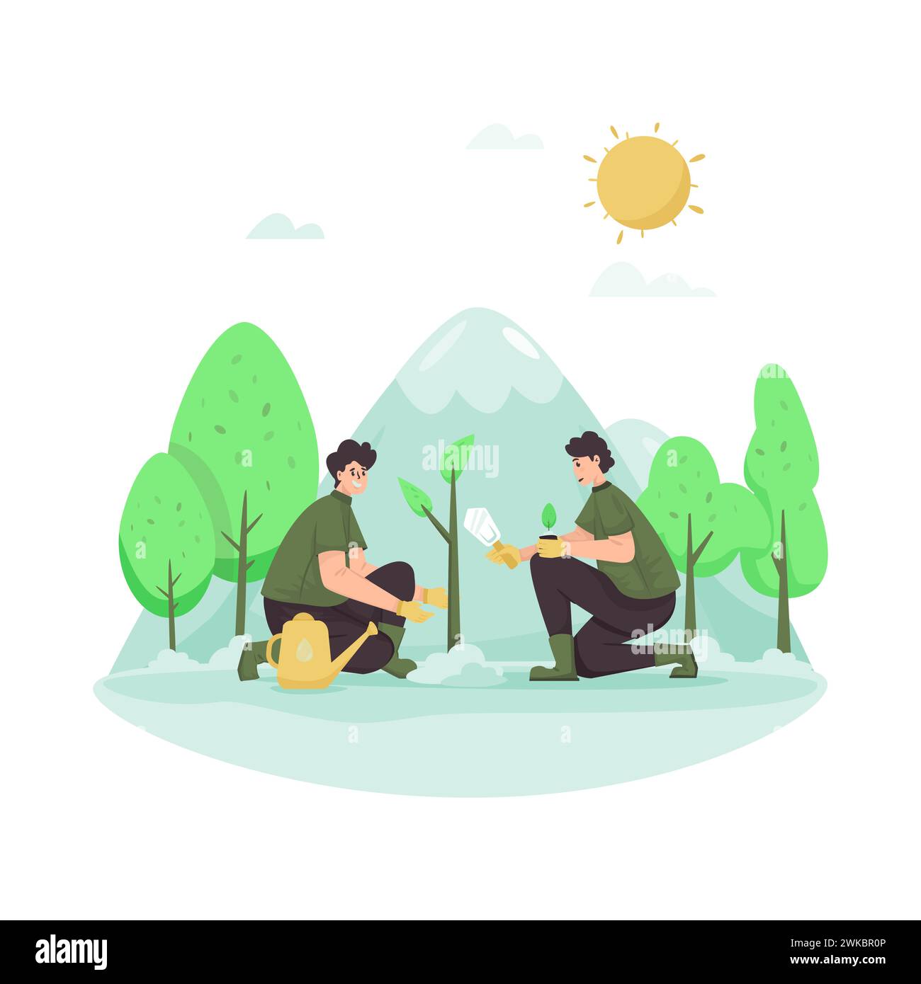 Reboisement des arbres repeuplés Go green campagne illustration plate Illustration de Vecteur