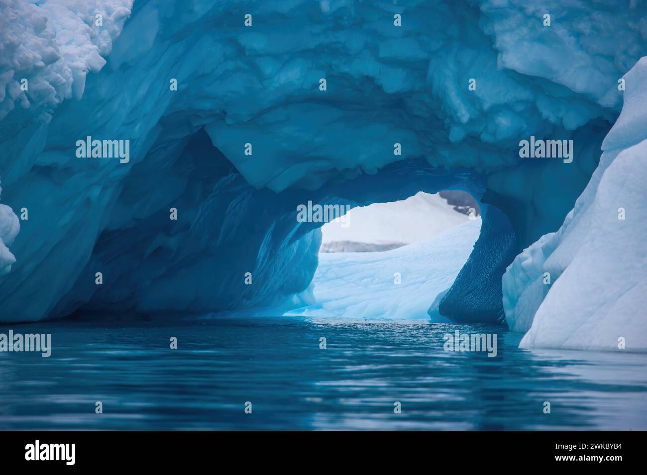 Lueur bleue d'une grotte de glace pénétrant à travers un iceberg, péninsule Antarctique, Antarctique Banque D'Images