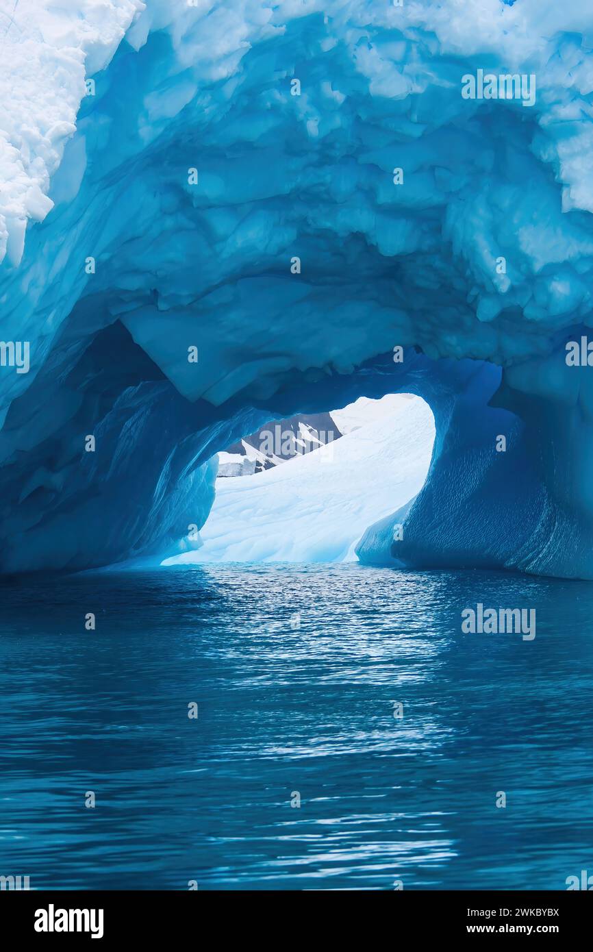 Lueur bleue d'une grotte de glace pénétrant à travers un iceberg, péninsule Antarctique, Antarctique Banque D'Images
