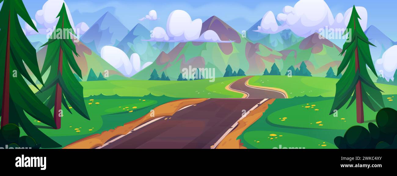 Route asphaltée à courbe vide parmi les arbres verts et l'herbe, les montagnes et le ciel bleu avec des nuages. Paysage vectoriel d'été de dessin animé de la route dans la forêt conduisent à Illustration de Vecteur