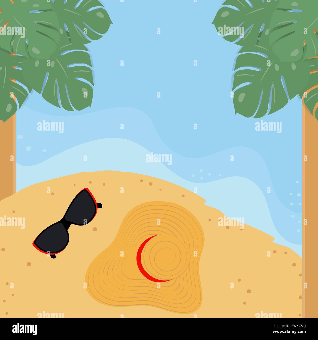 Paysage tropical avec lunettes de soleil et chapeau sur la plage avec des palmiers. Vue de face. Copier l'espace. EPS. Concept de conception pour cartes, affiches, bannières, brochures ou web, coupon, promo ou publicité, tag Illustration de Vecteur