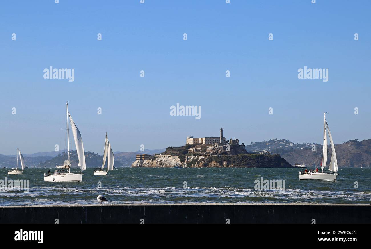 Voile autour d'Alcatraz, San Francisco Banque D'Images