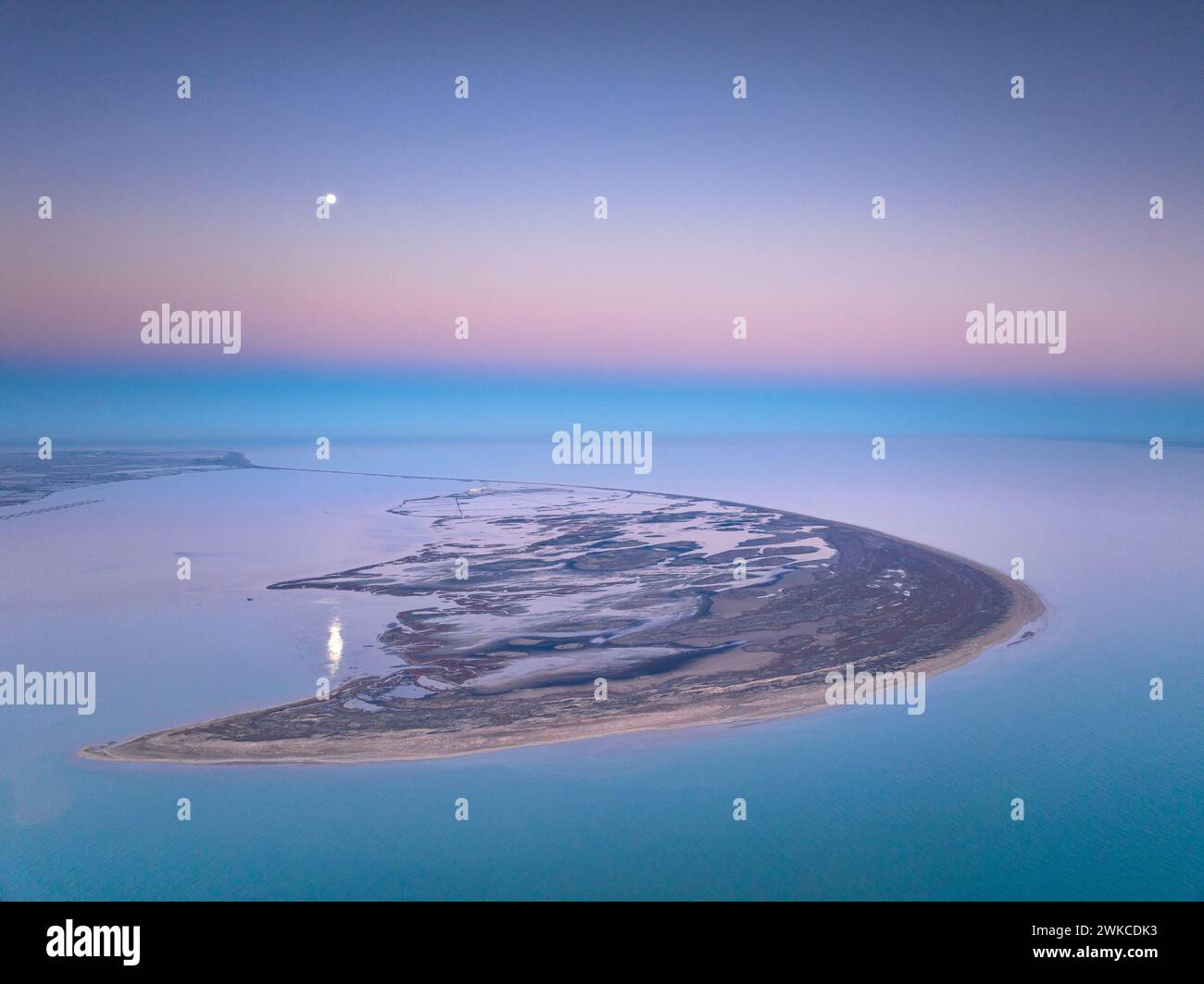 Vue aérienne sur la Punta de la Banya sur un coucher de soleil d'hiver avec la pleine lune dans le delta de l'Èbre (Tarragone, Catalogne, Espagne) Banque D'Images