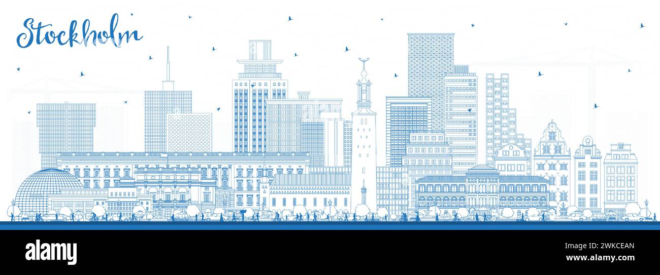 Dessinez les gratte-ciel de Stockholm Suède avec des bâtiments bleus. Illustration vectorielle. Paysage urbain de Stockholm avec des monuments. Illustration de Vecteur