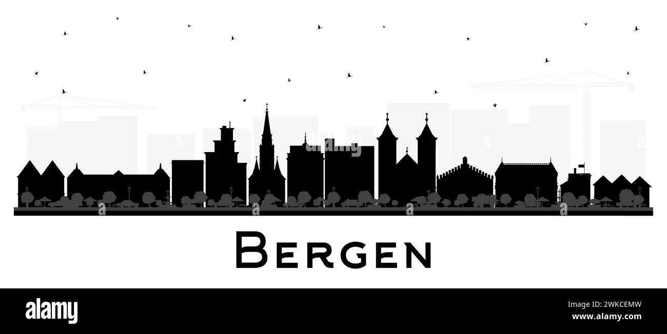 Bergen Norway City silhouette Skyline avec des bâtiments noirs isolés sur blanc. Illustration vectorielle. Bergen paysage urbain avec des monuments. Illustration de Vecteur