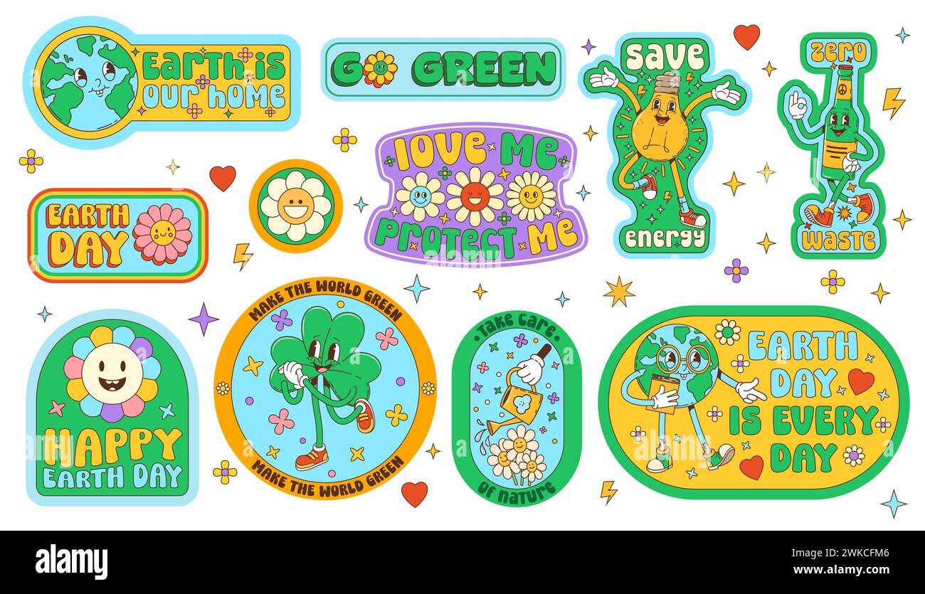 Autocollants groovy environnement avec des personnages de dessins animés rétro. Patchs ensemble avec planète terre ludique, ampoule, bouteille en verre, fleurs en Marguerite. Autocollants écologiques SAVE nature avec des vibrations positives nostalgiques Illustration de Vecteur