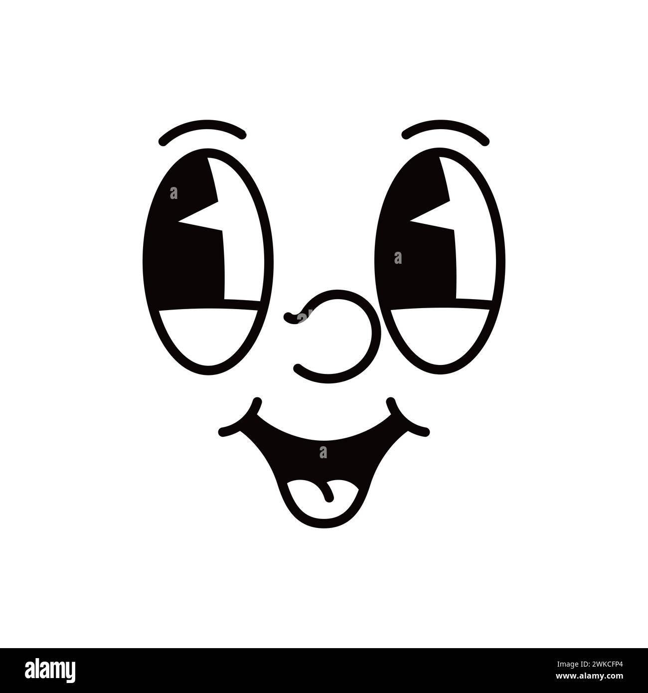 Visage de bande dessinée, personnage comique d'émotion de gorge avec de grands yeux et la bouche, émoticône vectoriel. Emoji drôle de visage groovy avec bouche souriante heureuse ou expression heureuse et stupide dans l'animation de dessin animé rétro Illustration de Vecteur