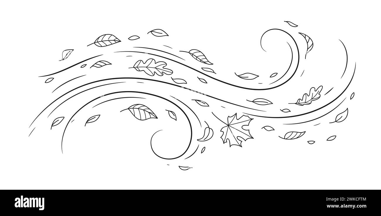 Doodle vent d'air et les feuilles d'automne volantes dans le coup d'ouragan ou la tempête venteuse, vecteur de ligne. Dessin animé vent d'automne avec chêne et feuille d'érable de la saison d'automne en mouvement soufflant avec des tourbillons de vent en spirale Illustration de Vecteur