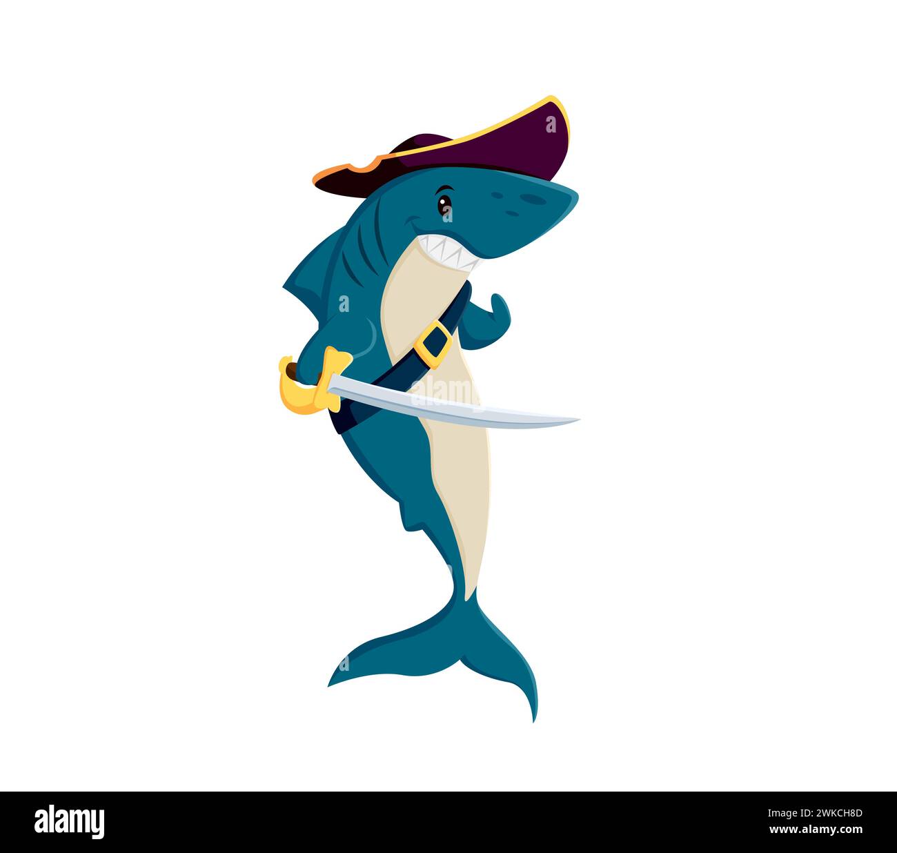 Personnage animal pirate de requin de bande dessinée avec sourire dentelé, et un chapeau de tricorne, balançant un cutlass. Prédateur marin vecteur isolé, personnage charismatique et fantaisiste donne vie aux aventures océaniques Illustration de Vecteur