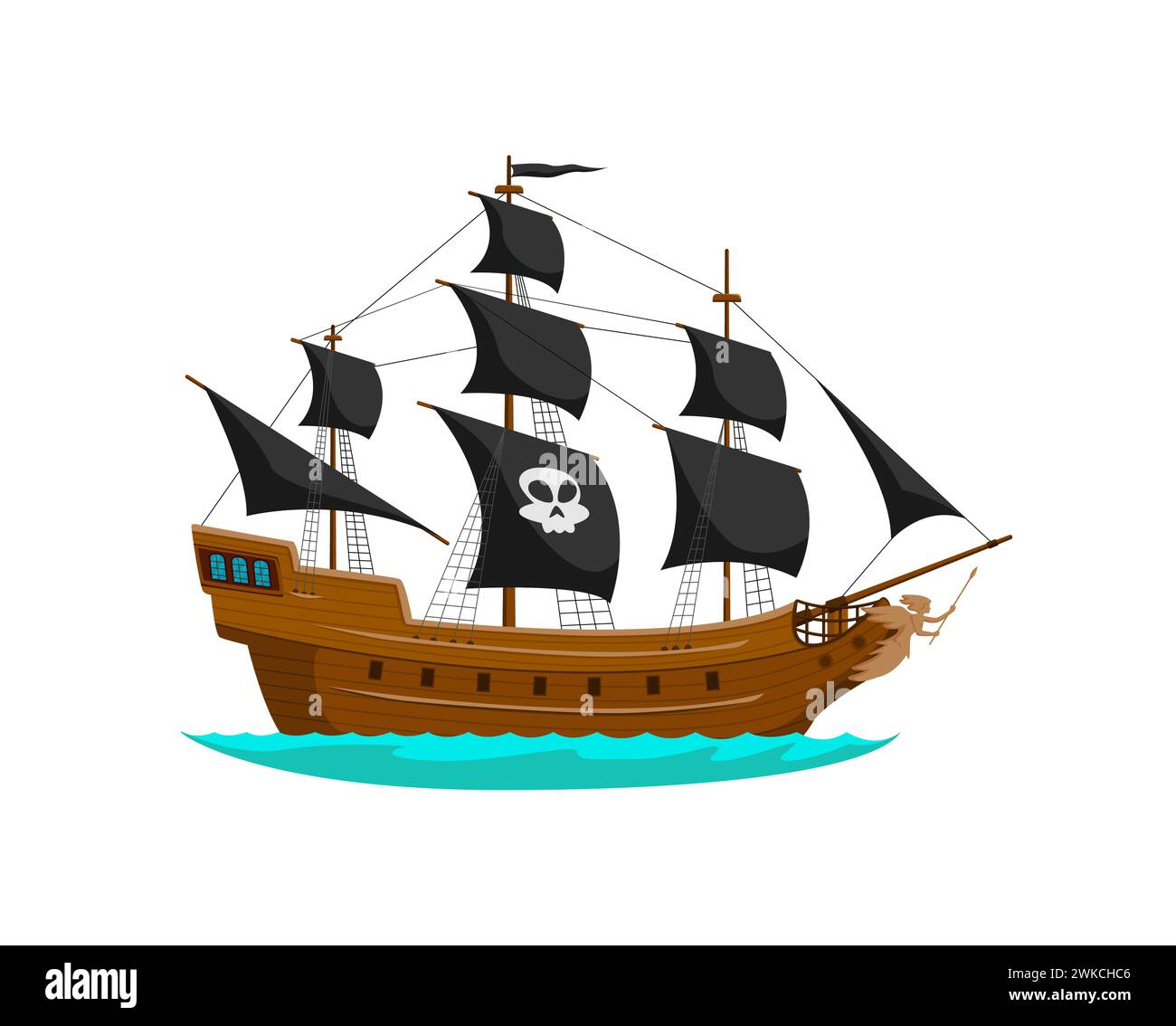 Bateau à voile pirate de mer de dessin animé. Vieille frégate avec des voiles ronflantes noires, joyeux roger original, drapeau et coque en bois. Brigantine fantaisiste vecteur isolé sur les vagues de l'océan, prêt pour l'aventure en haute mer Illustration de Vecteur