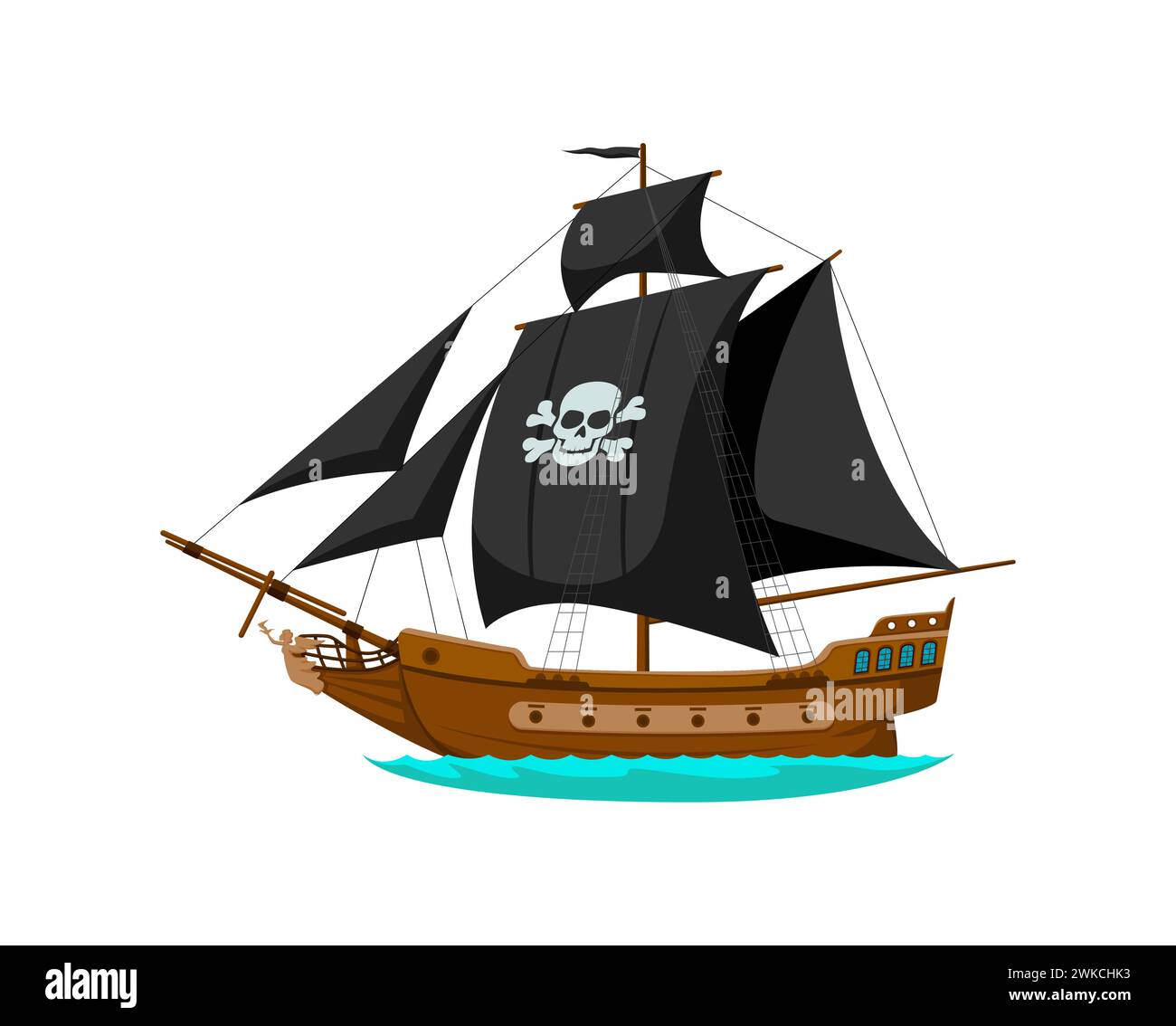 Bateau à voile corsaire de pirate de mer de dessin animé. Ancienne frégate vectorielle isolée avec voiles noires, crâne Jolly roger, drapeau et coque en bois. Brigantine sur les vagues de l'océan, prêt pour l'aventure. Transport Buccaneer Illustration de Vecteur