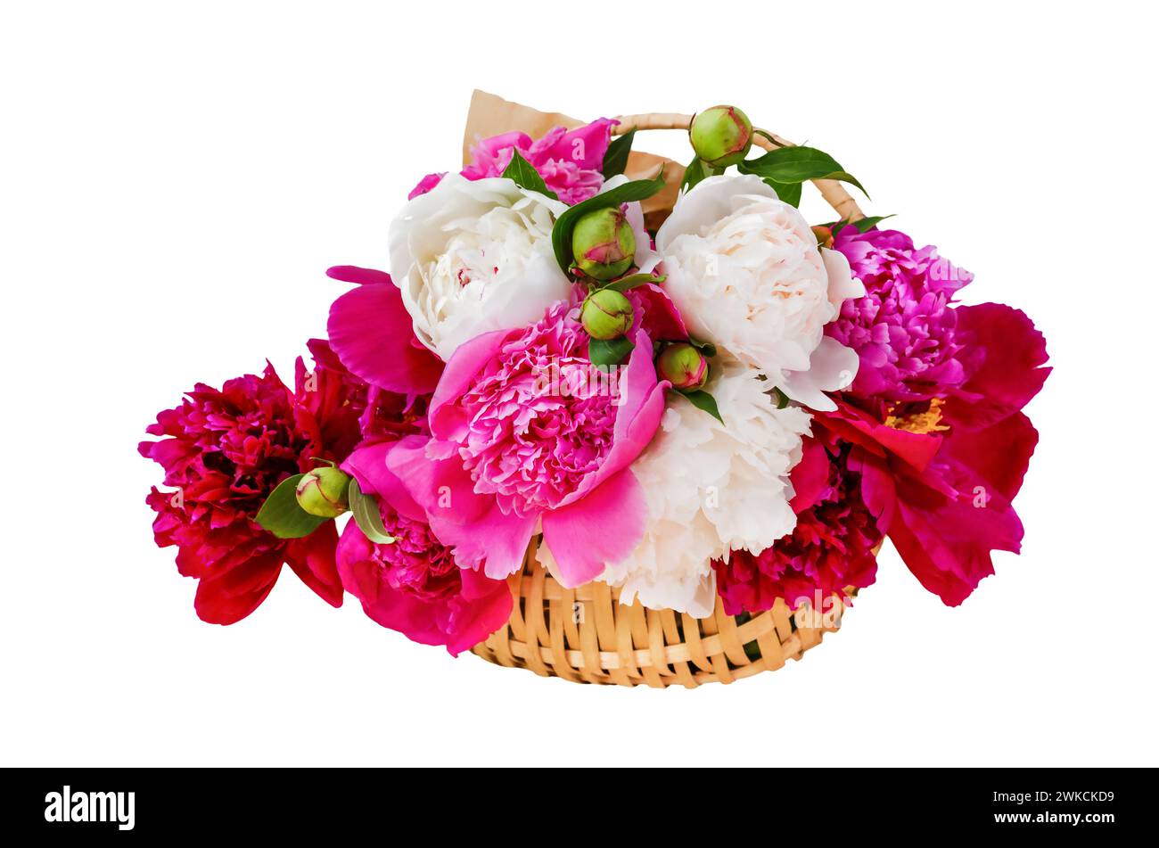 Panier en osier avec des fleurs de pivoines colorées isolées sur fond blanc Banque D'Images