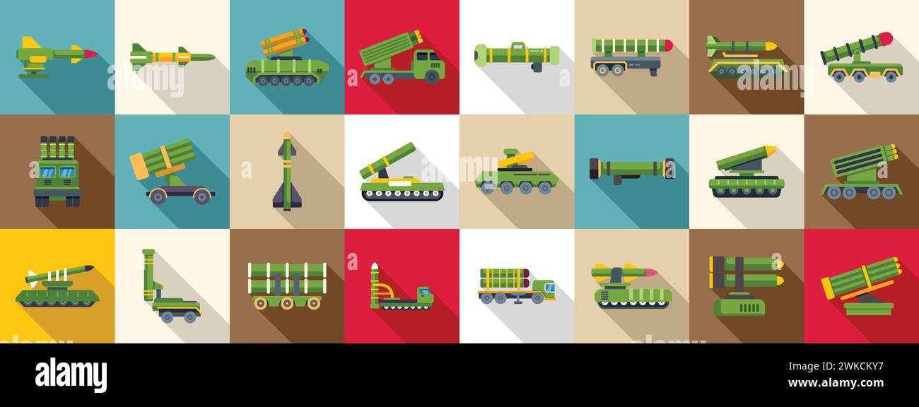 Icônes de système de missiles anti-aériens définies vecteur plat. Canon d'artillerie. Guerre des véhicules de mortier Illustration de Vecteur