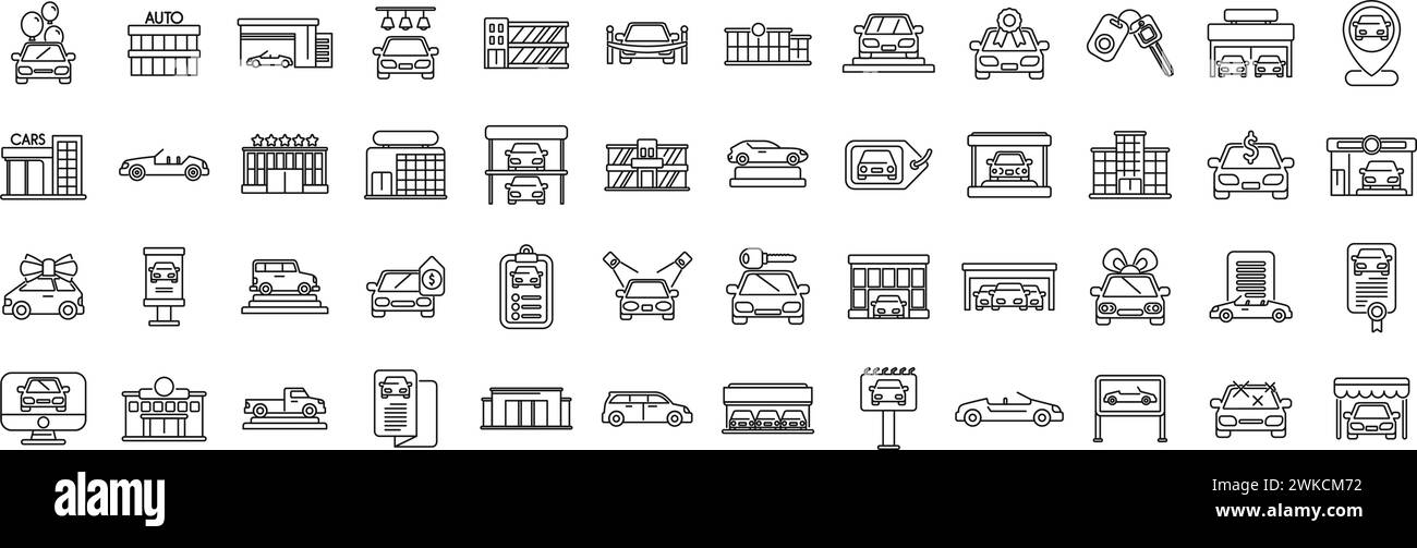 Les icônes de salle d'exposition de voiture définissent le vecteur de contour. Concessionnaire automobile. Garage de magasin Illustration de Vecteur