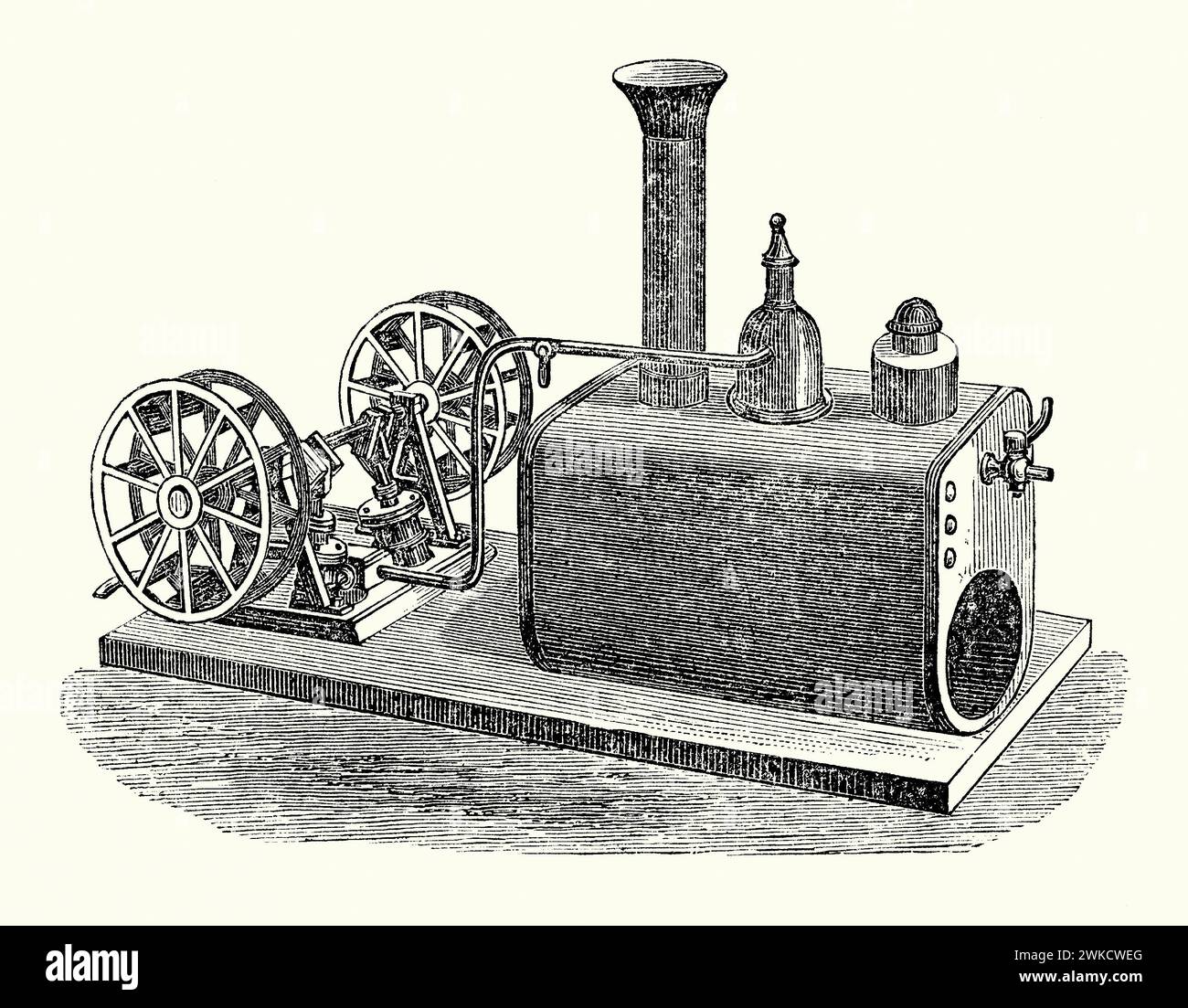 Une vieille gravure d'un moteur marin qui pourrait être utilisé dans un modèle de bateau à aubes des années 1800 Il est tiré du livre victorien des années 1890 sur les sports, les jeux et les passe-temps. Cette machine à vapeur possède deux pistons (à gauche), reliés à un vilebrequin fournissant la puissance à chaque roue à aubes. La chaudière (droite) aurait été chauffée par en-dessous par une petite lampe à huile pour créer la puissance de vapeur. Aujourd'hui, le gaz comprimé, comme le butane, est souvent utilisé pour les bateaux à vapeur modélisés. Banque D'Images