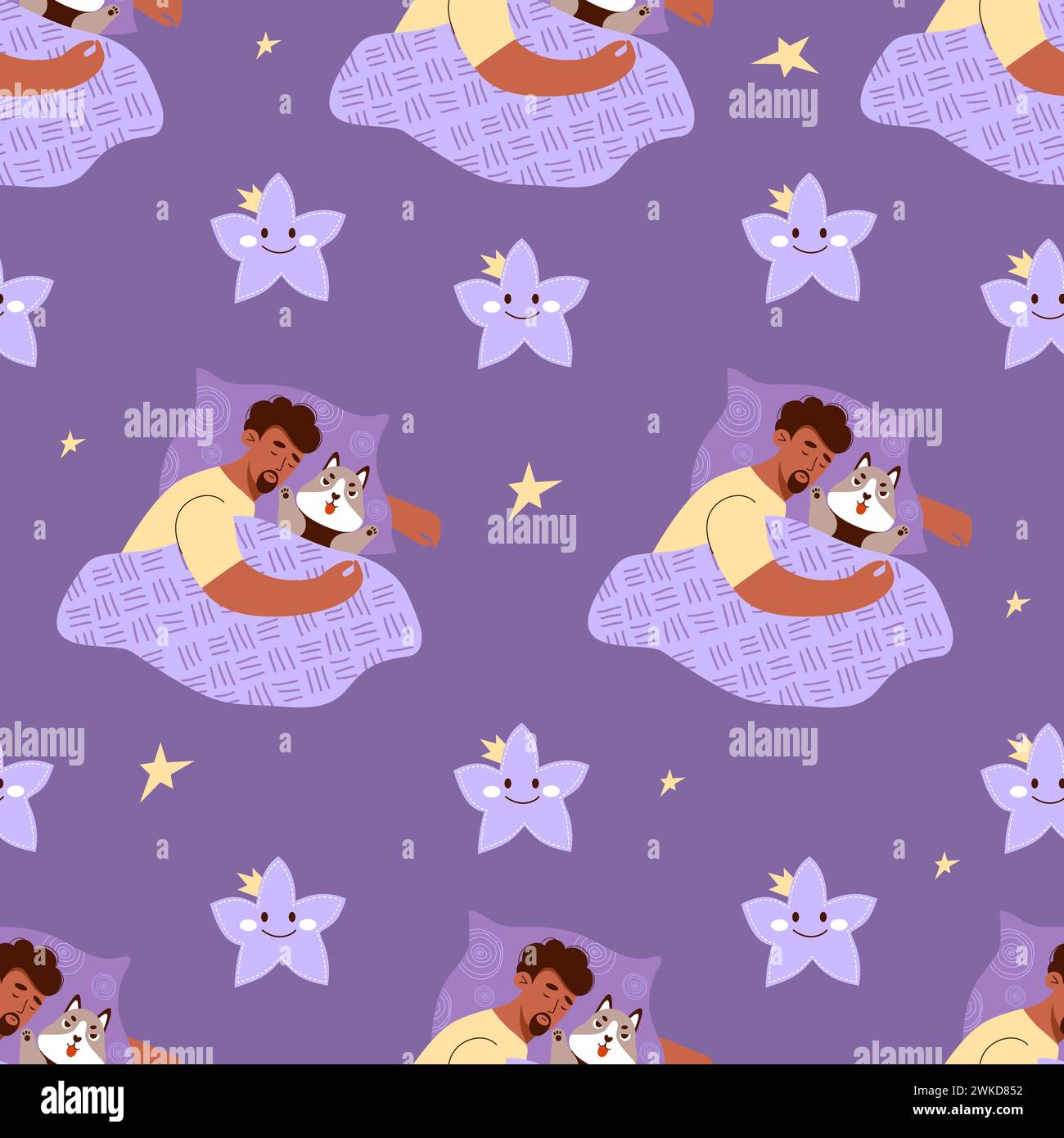 Modèle sans couture avec homme ethnique noir endormi avec jouet de chien en peluche sur fond violet avec des étoiles. Illustration vectorielle dans le style plat pour la conception, mur Illustration de Vecteur