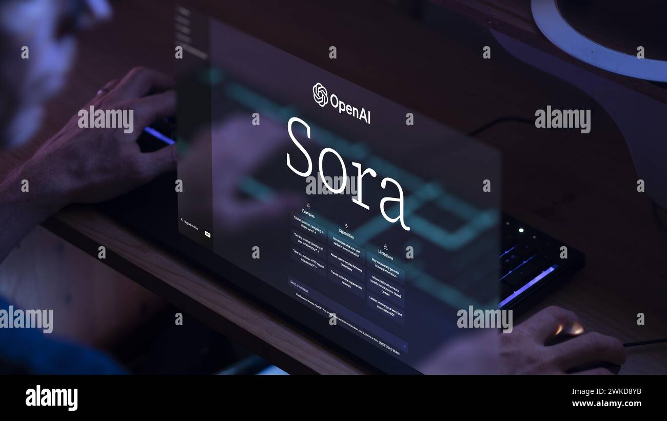 Concepteur vidéo travaillant avec le vidéaste de l'intelligence artificielle générative Sora d'OpenAI. Banque D'Images