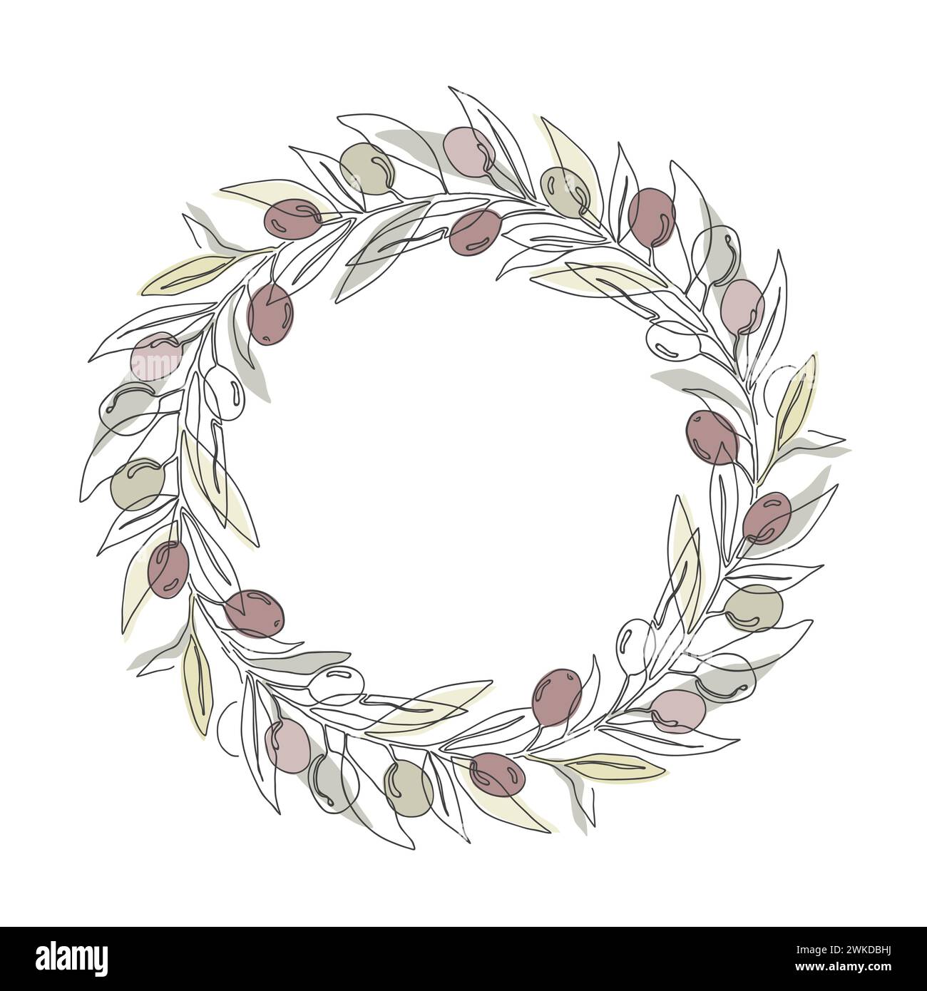 Cadre de couronne ronde avec branches d'olivier et fruits, dessin de ligne continu. Modèle floral dessiné à la main, illustration isolée vectorielle Illustration de Vecteur